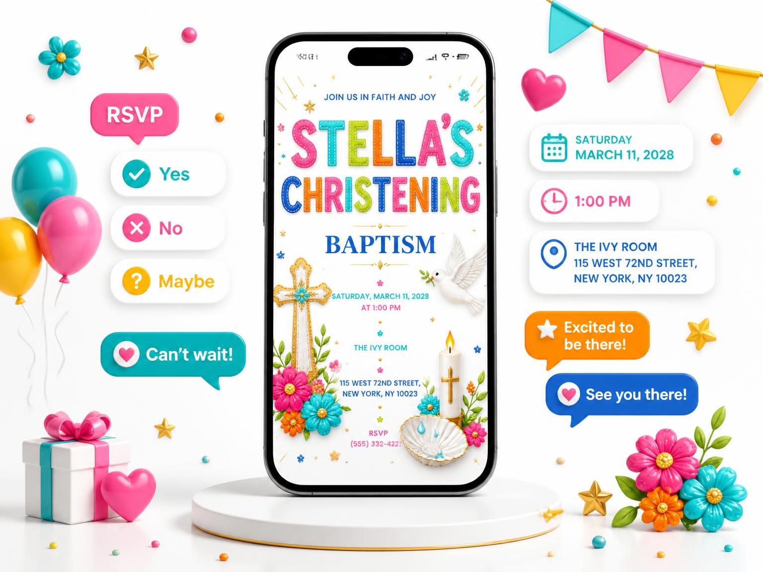The Ornate Cross Christening Invitation invitation on a phone, with guest RSVPs arriving around it
