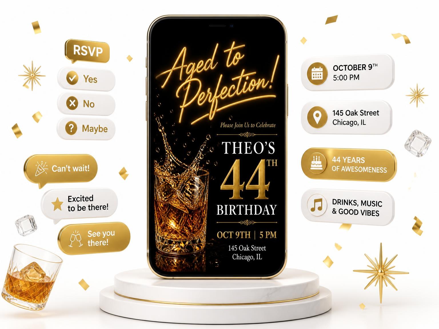The Whiskey Tumbler 44th Birthday Invitation invitation on a phone, with guest RSVPs arriving around it