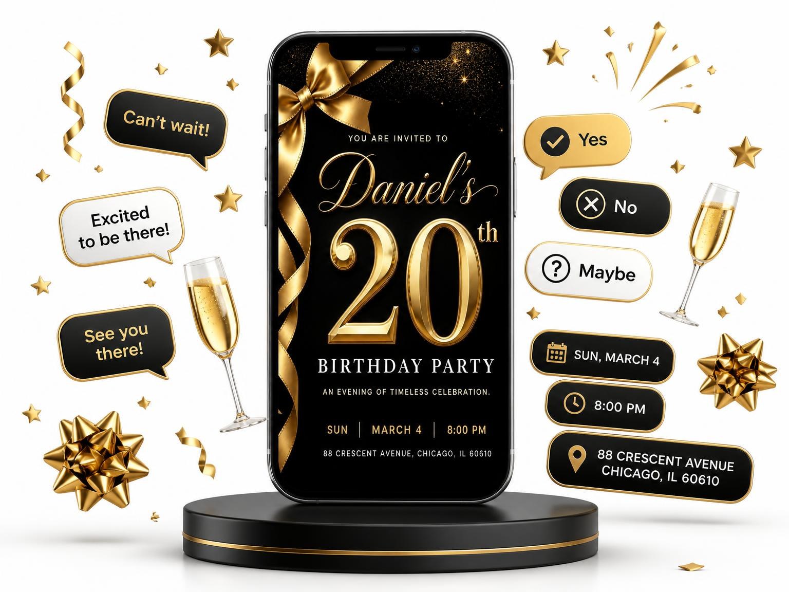 The Black and Gold Ribbon 20th Birthday invitation on a phone, with guest RSVPs arriving around it