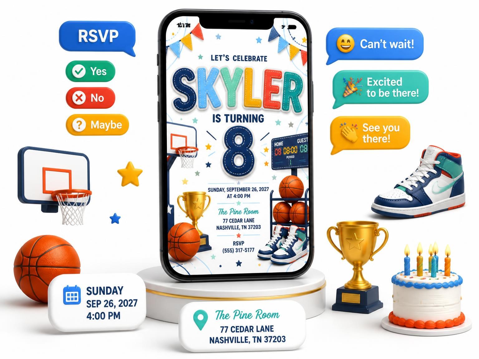 The Stitched Basketball 8th Birthday Invitation invitation on a phone, with guest RSVPs arriving around it