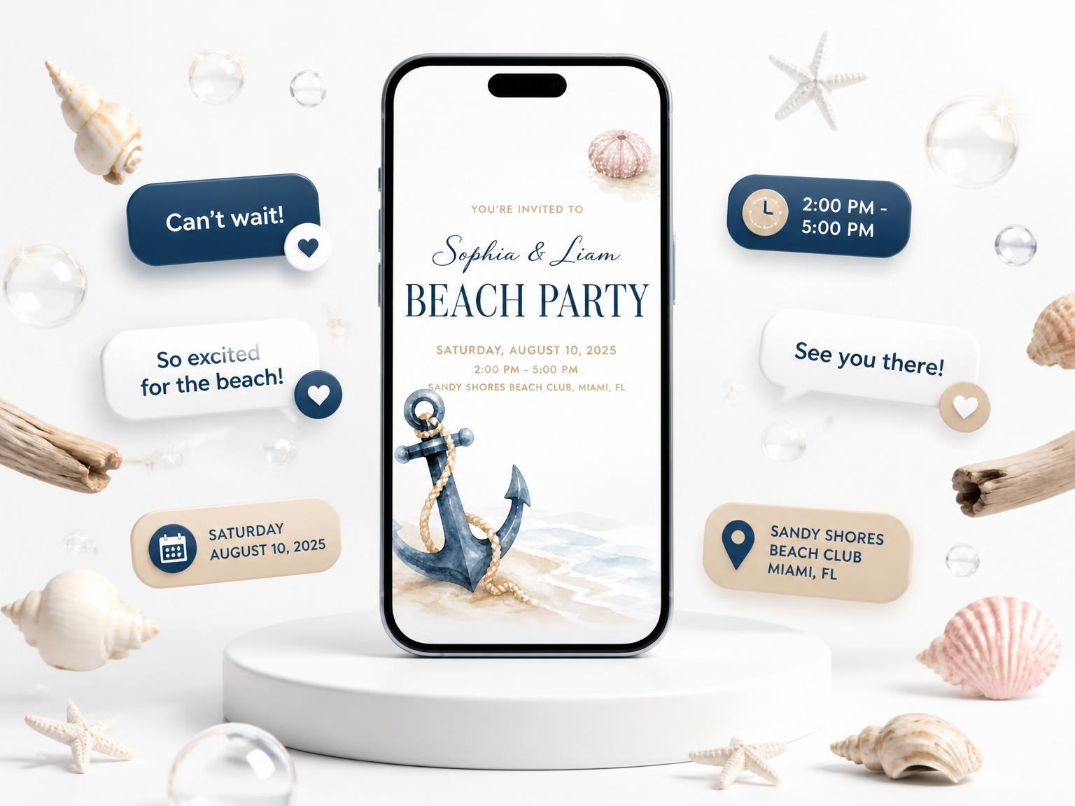 The Watercolor Nautical Anchor Beach Party invitation on a phone, with guest RSVPs arriving around it
