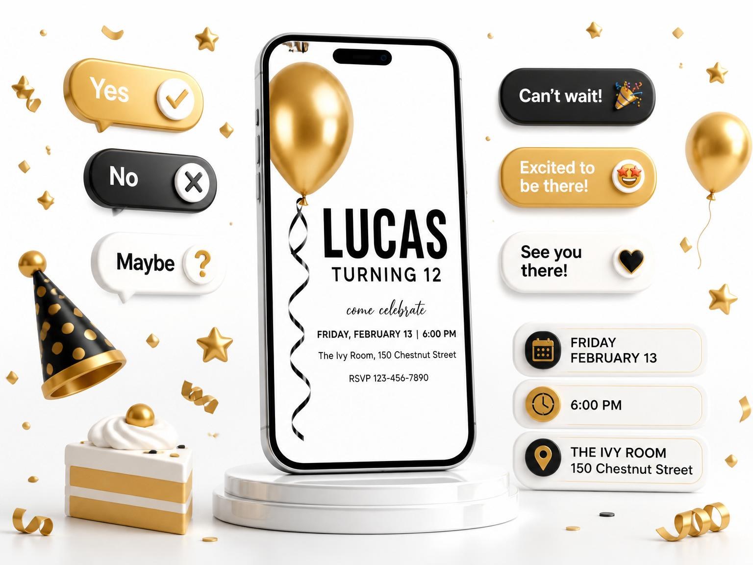The Metallic Gold Balloon Birthday Invitation invitation on a phone, with guest RSVPs arriving around it