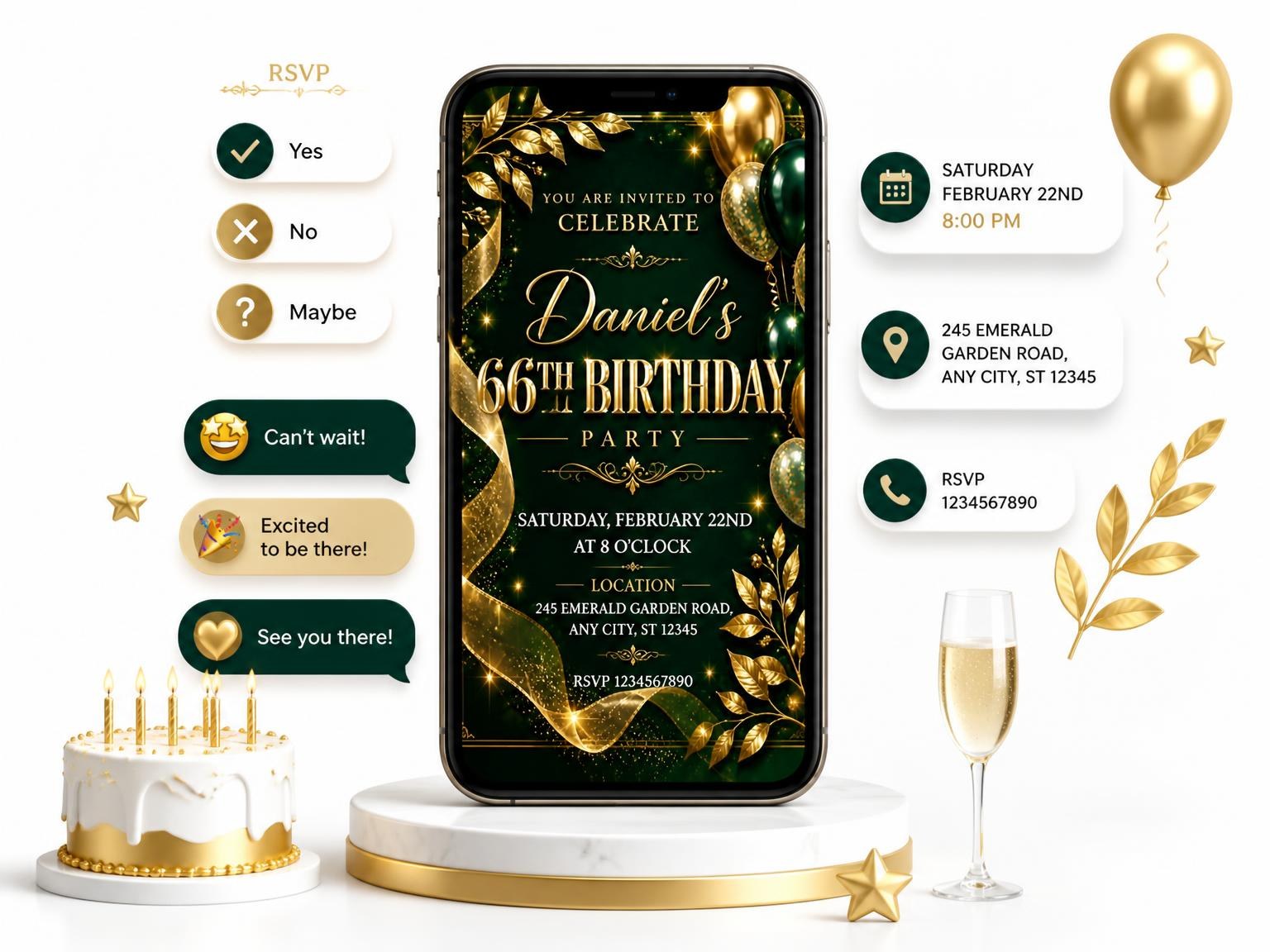 The Emerald and Champagne 66th Birthday Invitation invitation on a phone, with guest RSVPs arriving around it
