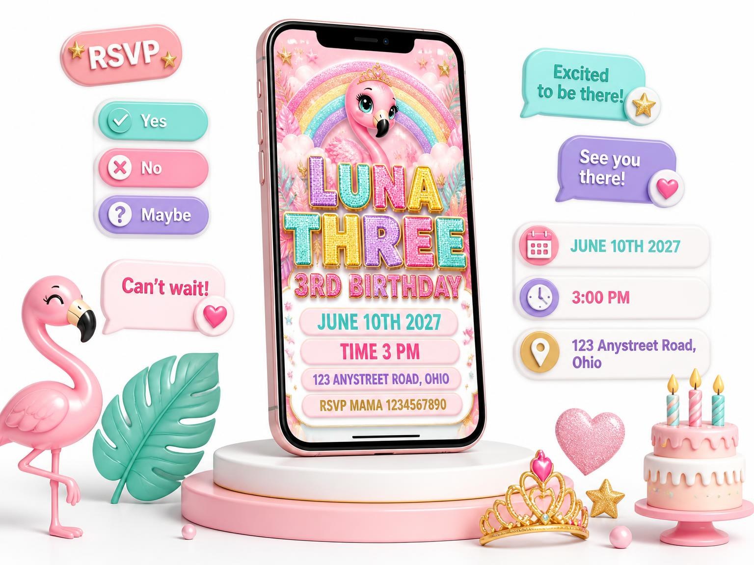The Glitter Flamingo 3rd Birthday Invitation invitation on a phone, with guest RSVPs arriving around it