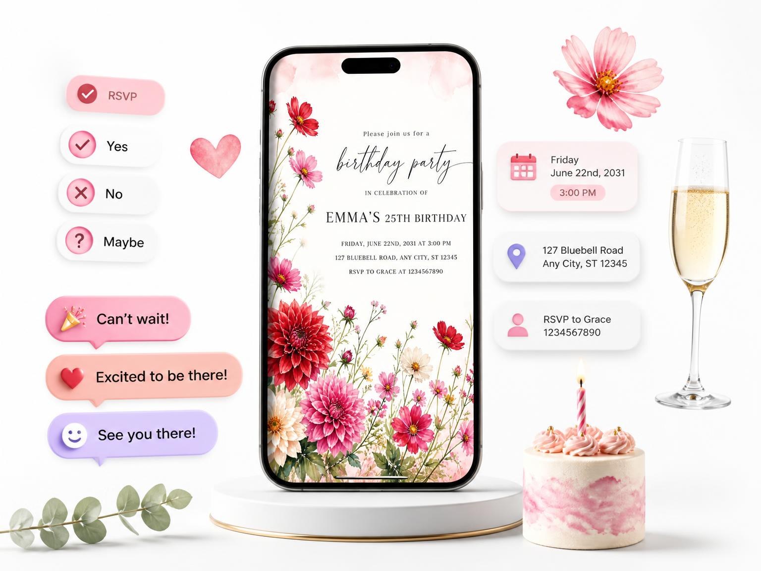 The Blush Wash Scarlet 25th Birthday Invitation invitation on a phone, with guest RSVPs arriving around it