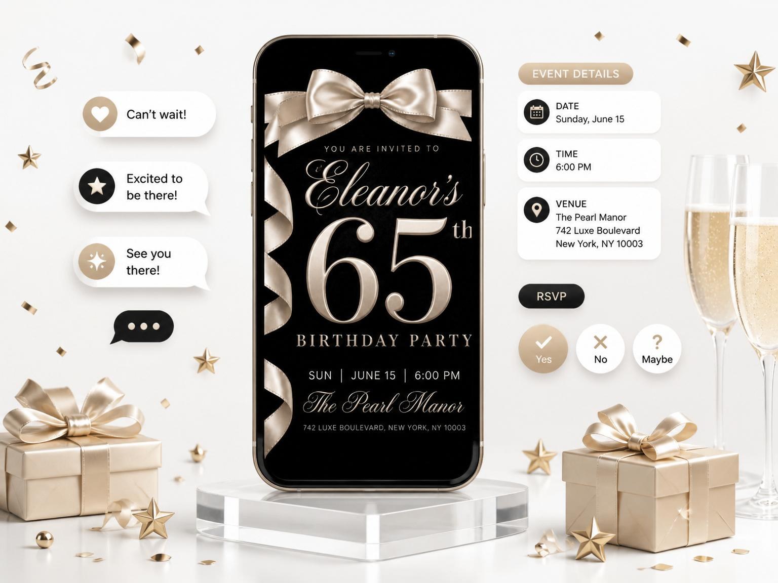 The Champagne Silk Ribbon 65th Birthday invitation on a phone, with guest RSVPs arriving around it