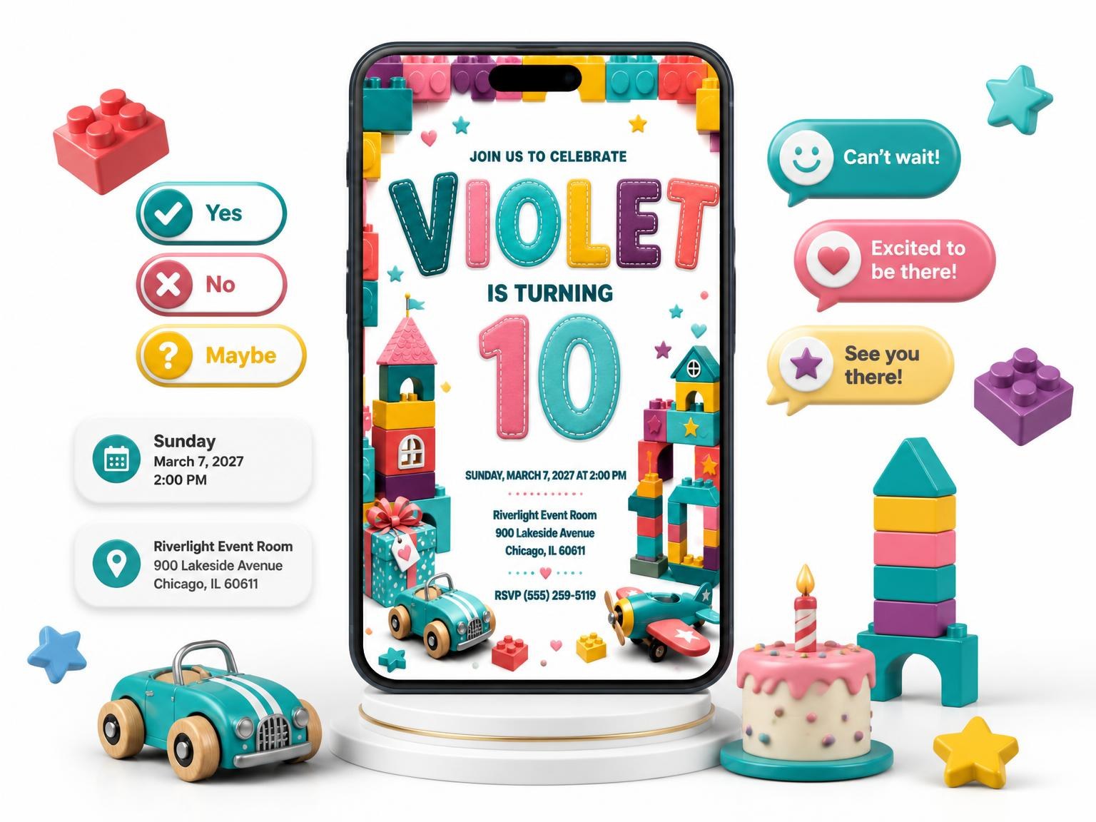 The Stitched Toy Blocks 10th Birthday Invitation invitation on a phone, with guest RSVPs arriving around it
