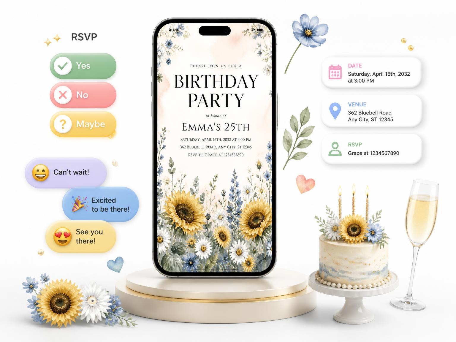 The Floral Sprigs Dusty Blue 25th Birthday Invitation invitation on a phone, with guest RSVPs arriving around it