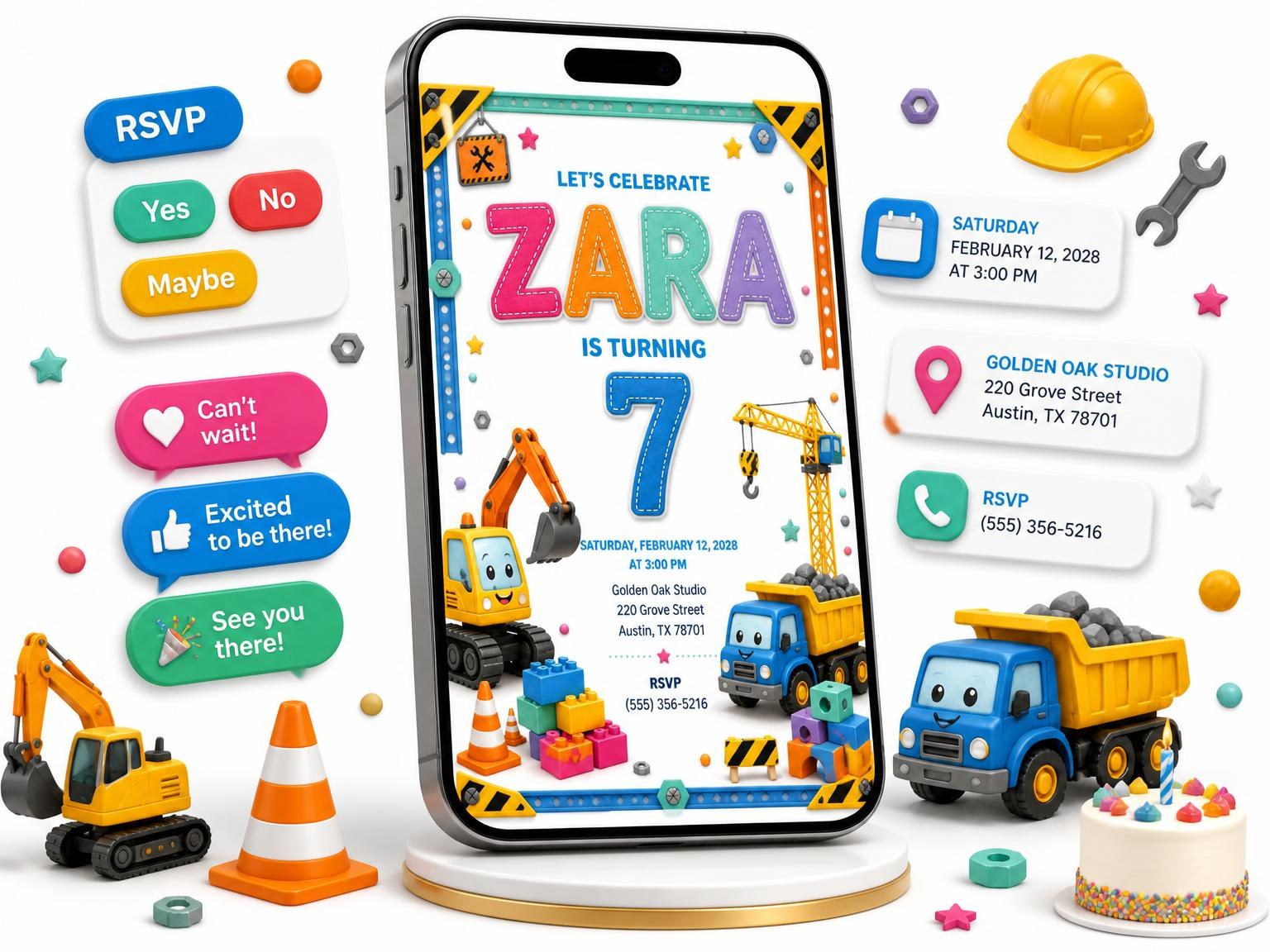 The Stitched Construction 7th Birthday Invitation invitation on a phone, with guest RSVPs arriving around it