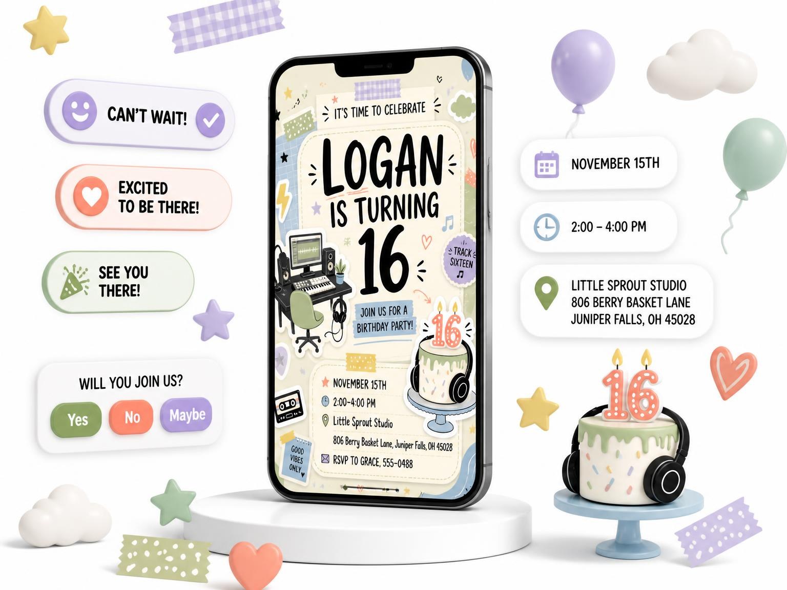 The Producer Workstation 16th Birthday Invitation invitation on a phone, with guest RSVPs arriving around it