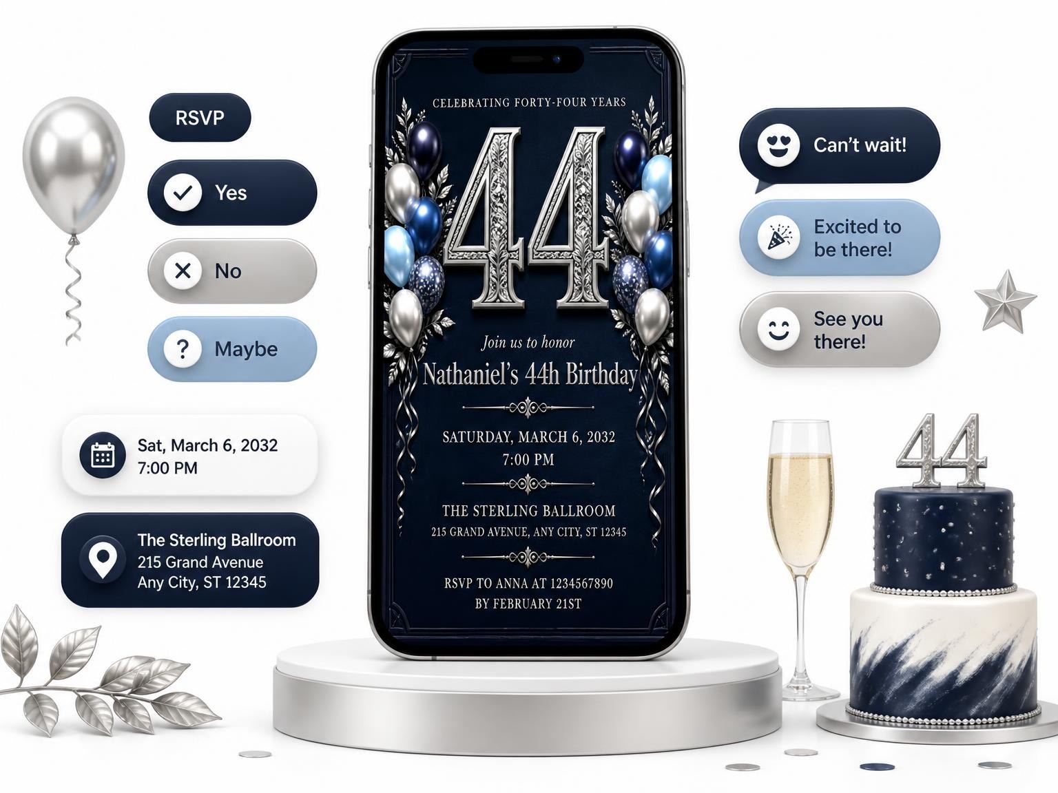 The Navy and Silver 44th Birthday Invitation invitation on a phone, with guest RSVPs arriving around it
