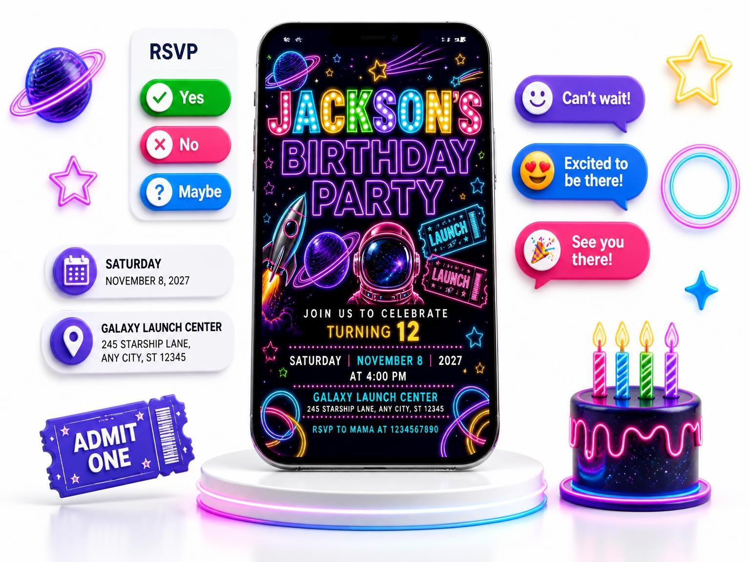 The Neon Space 12th Birthday Invitation invitation on a phone, with guest RSVPs arriving around it