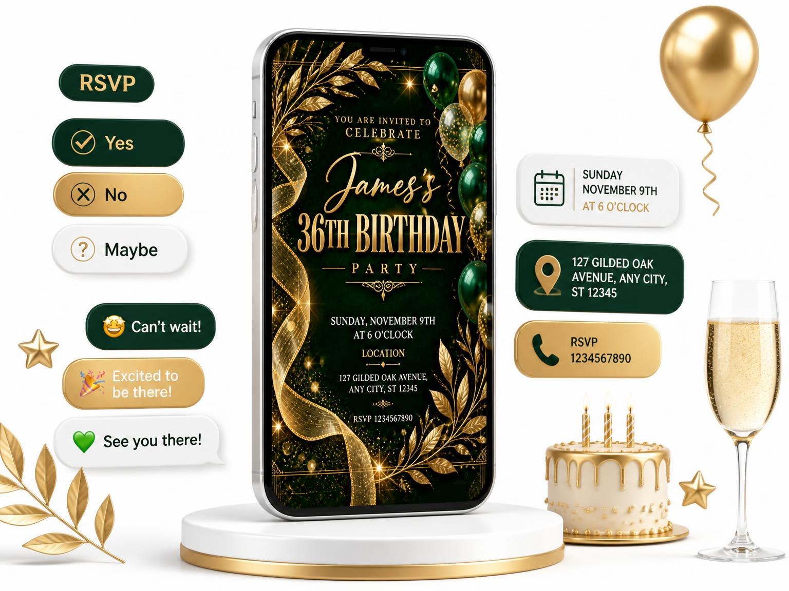 The Emerald and Champagne 36th Birthday Invitation invitation on a phone, with guest RSVPs arriving around it