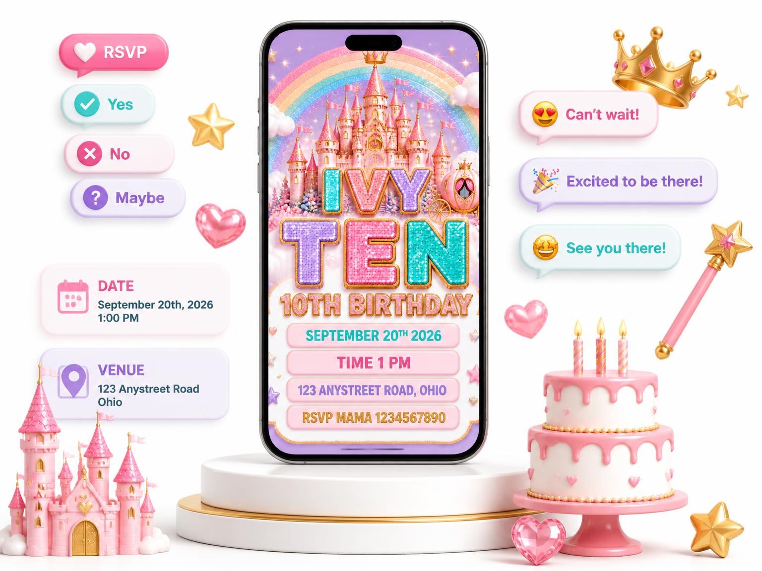 The Glitter Castle 10th Birthday Invitation invitation on a phone, with guest RSVPs arriving around it