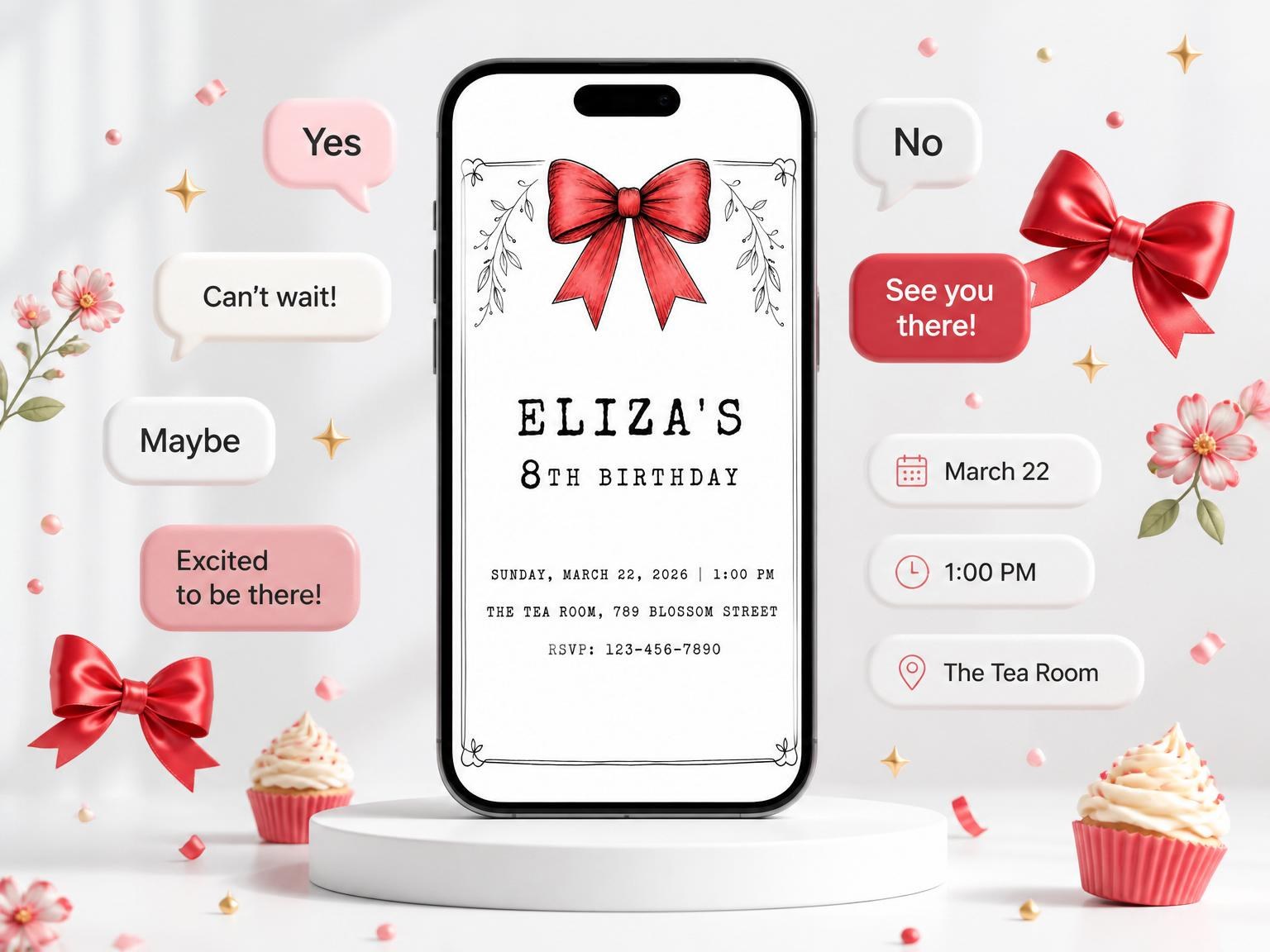 The Red Watercolor Bow 8th Birthday Invitation invitation on a phone, with guest RSVPs arriving around it