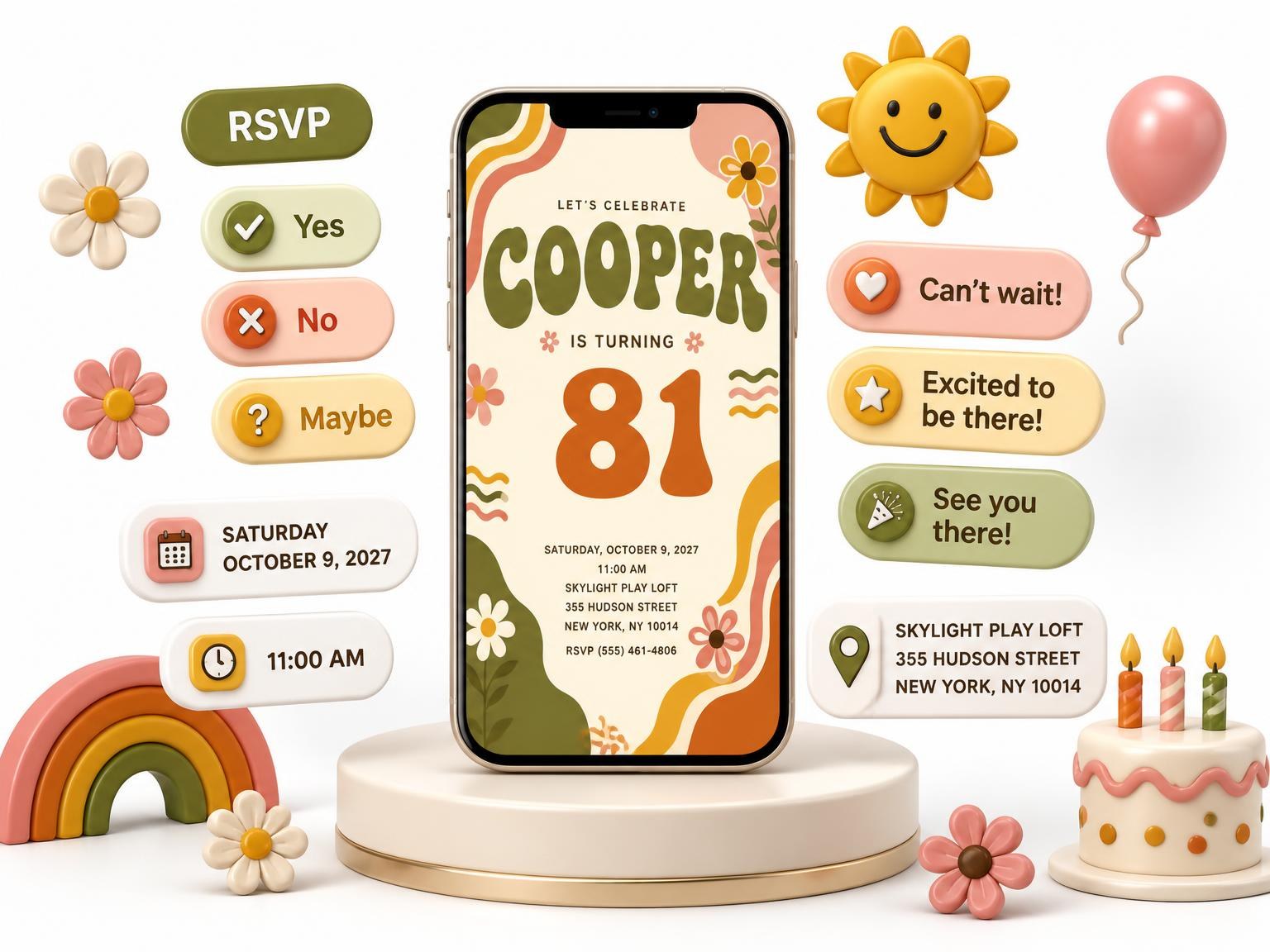 The Groovy Retro 81st Birthday Invitation invitation on a phone, with guest RSVPs arriving around it