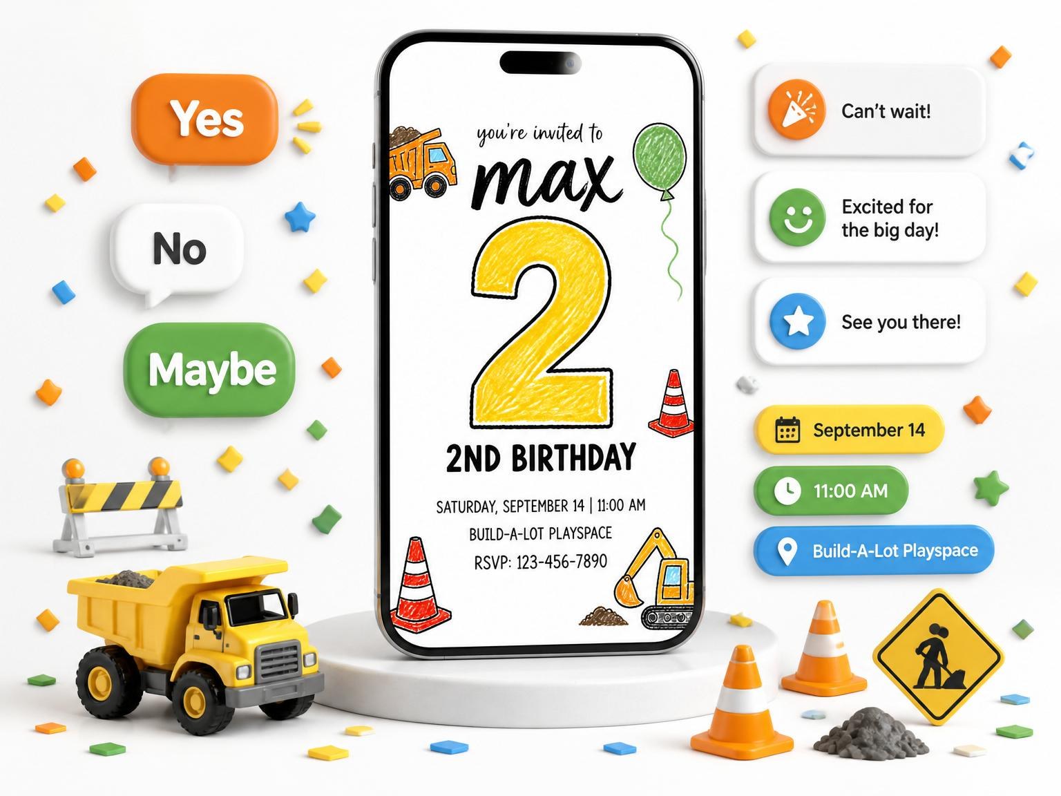 The Crayon Texture Construction 2nd Birthday invitation on a phone, with guest RSVPs arriving around it