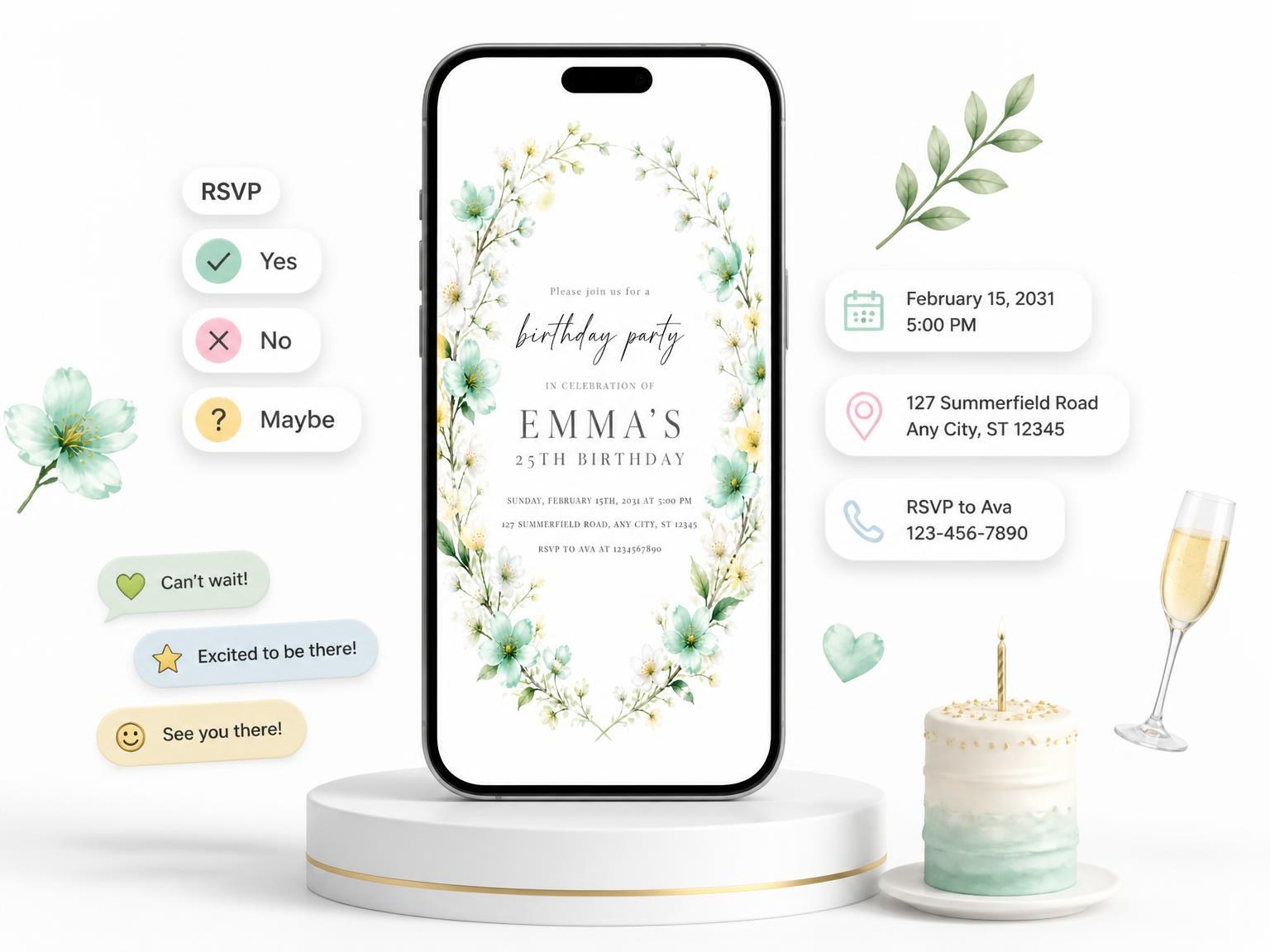 The Floral Spring 25th Birthday Invitation invitation on a phone, with guest RSVPs arriving around it