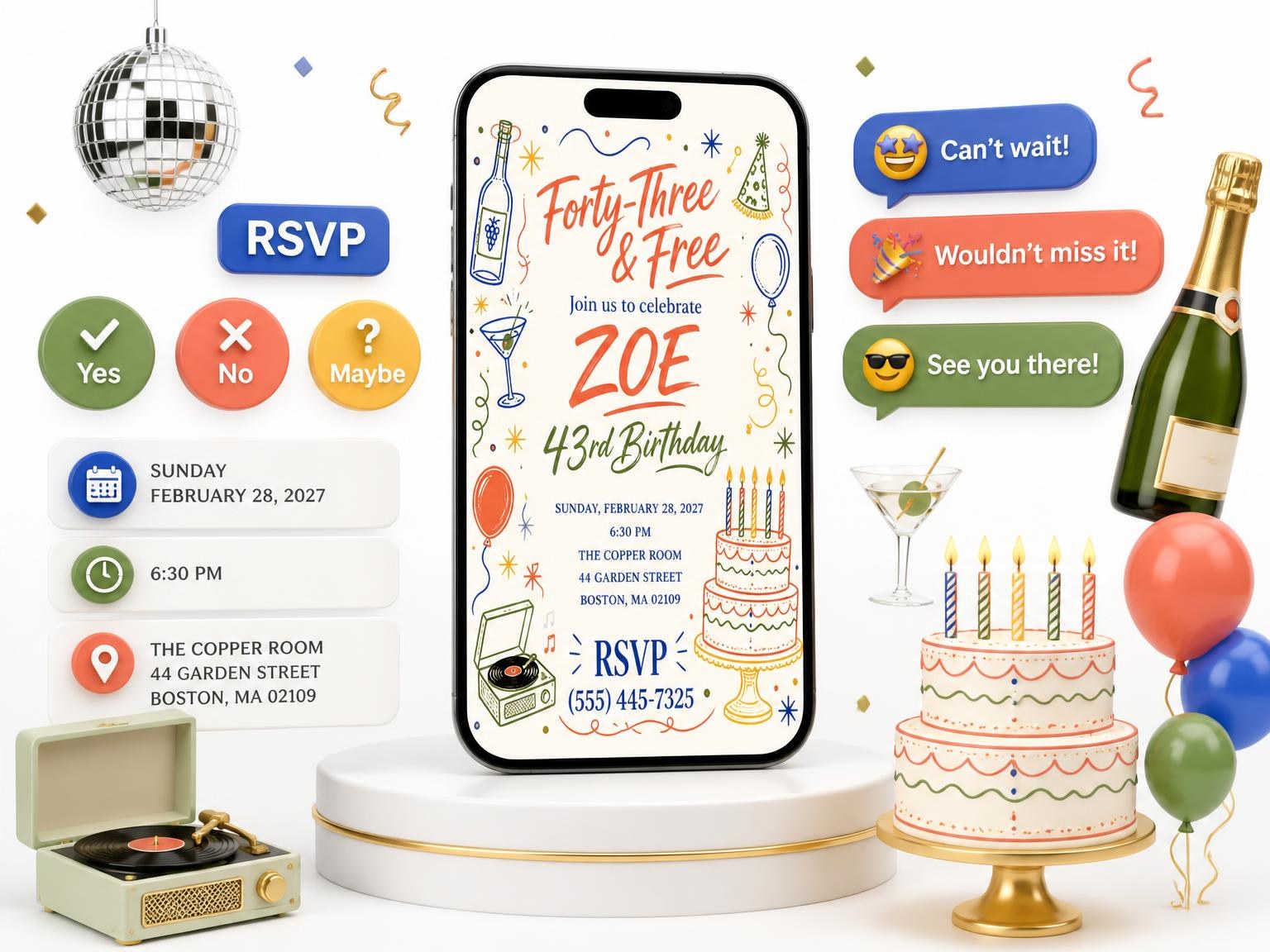 The Retro Doodle 43rd Birthday Invitation invitation on a phone, with guest RSVPs arriving around it