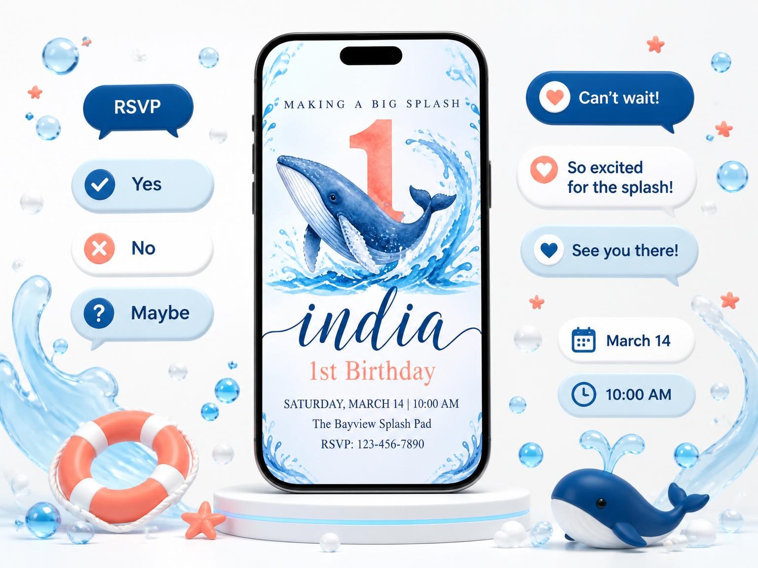 The Watercolor Whale 1st Birthday Invitation invitation on a phone, with guest RSVPs arriving around it