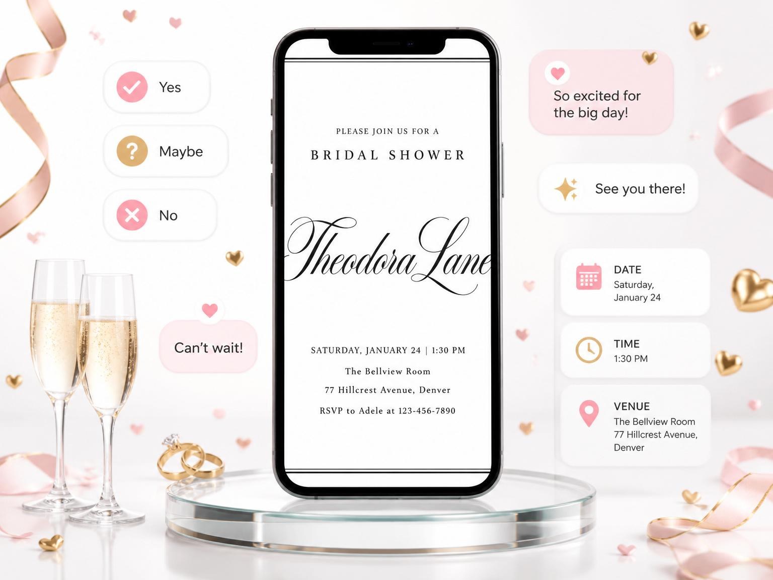 The Minimalist Black and White Bridal Shower invitation on a phone, with guest RSVPs arriving around it