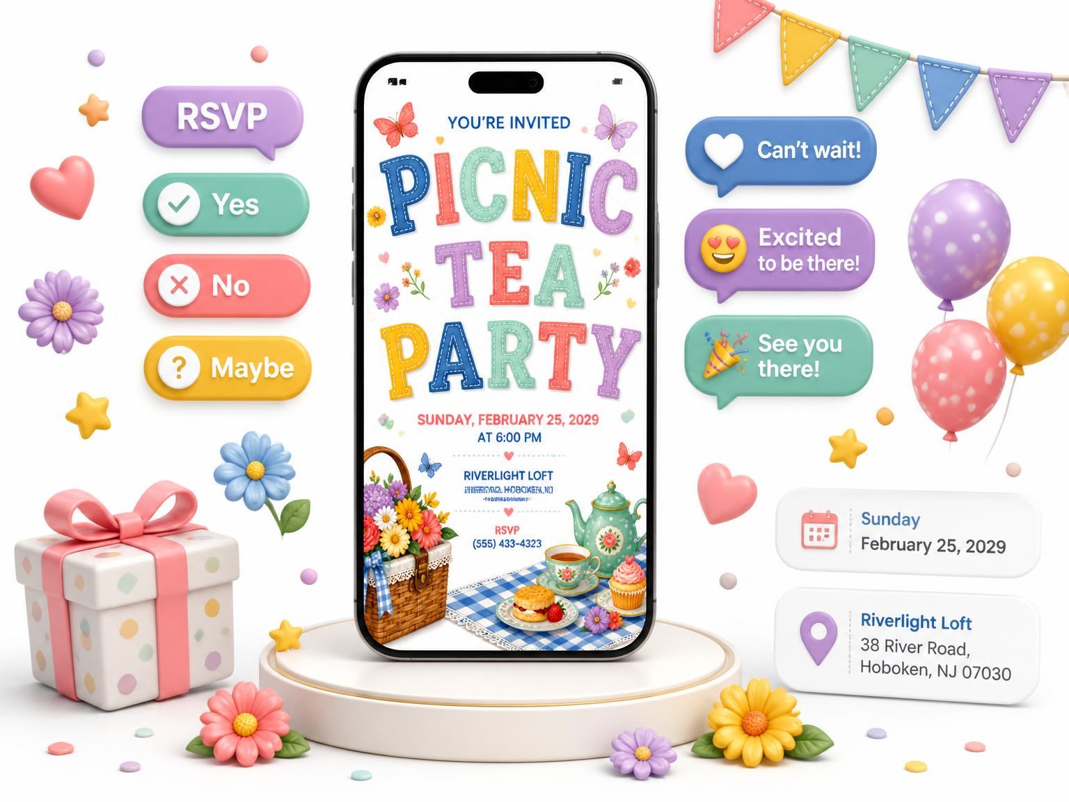 The Picnic Basket Tea Party Invitation invitation on a phone, with guest RSVPs arriving around it