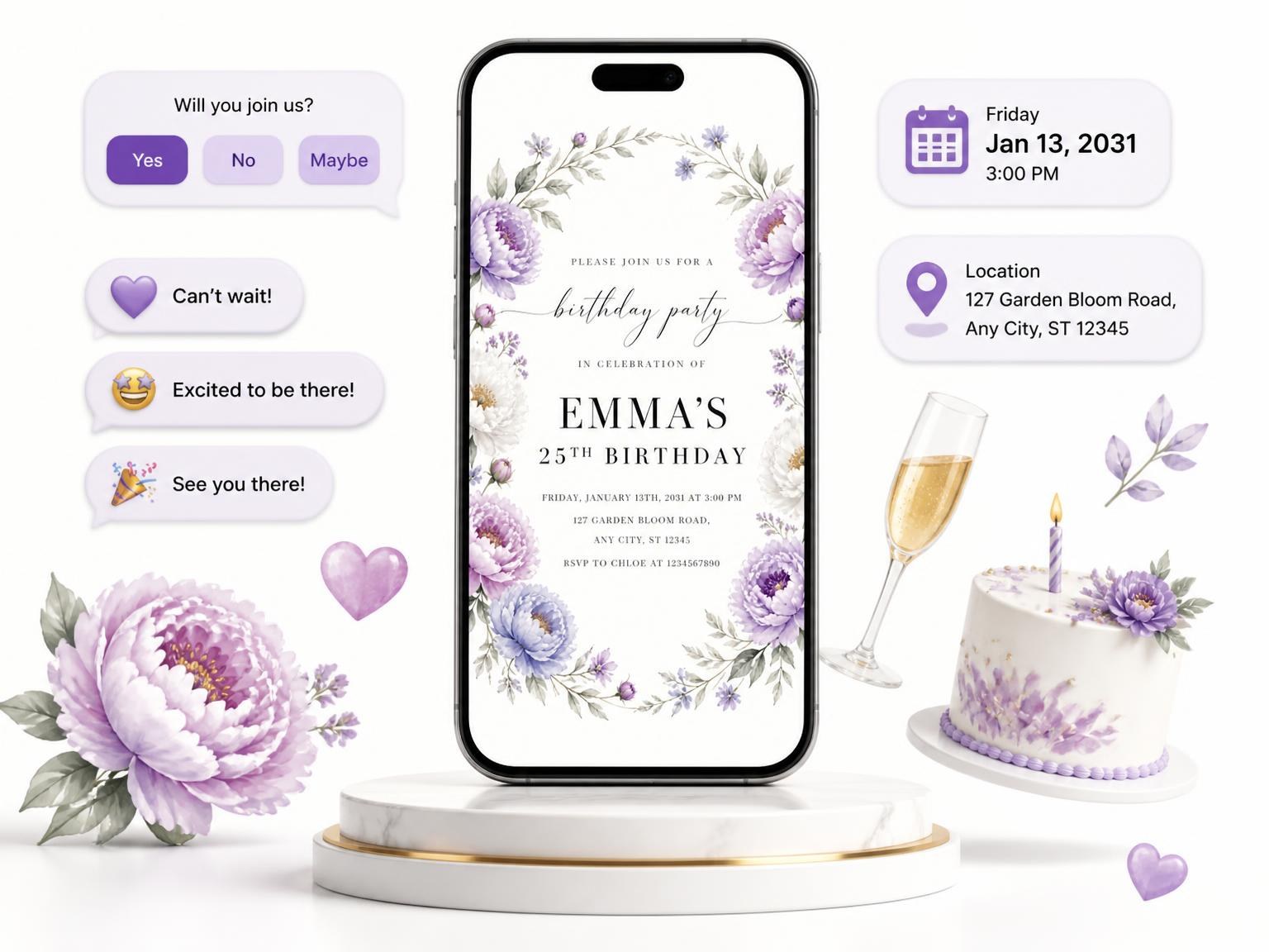 The Botanical Garden Lavender 25th Birthday Invitation invitation on a phone, with guest RSVPs arriving around it