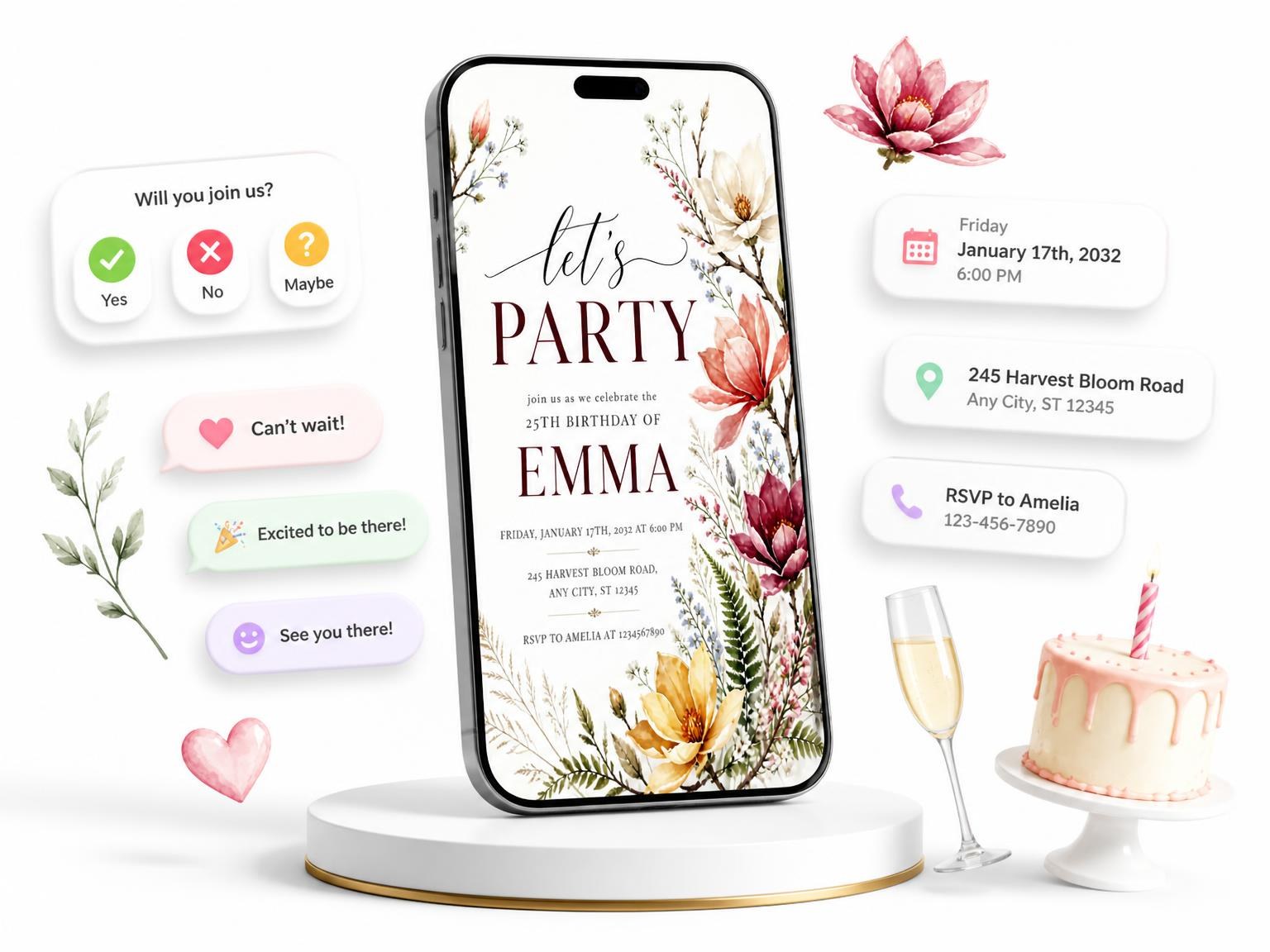 The Magnolia Branch Golden 25th Birthday Invitation invitation on a phone, with guest RSVPs arriving around it