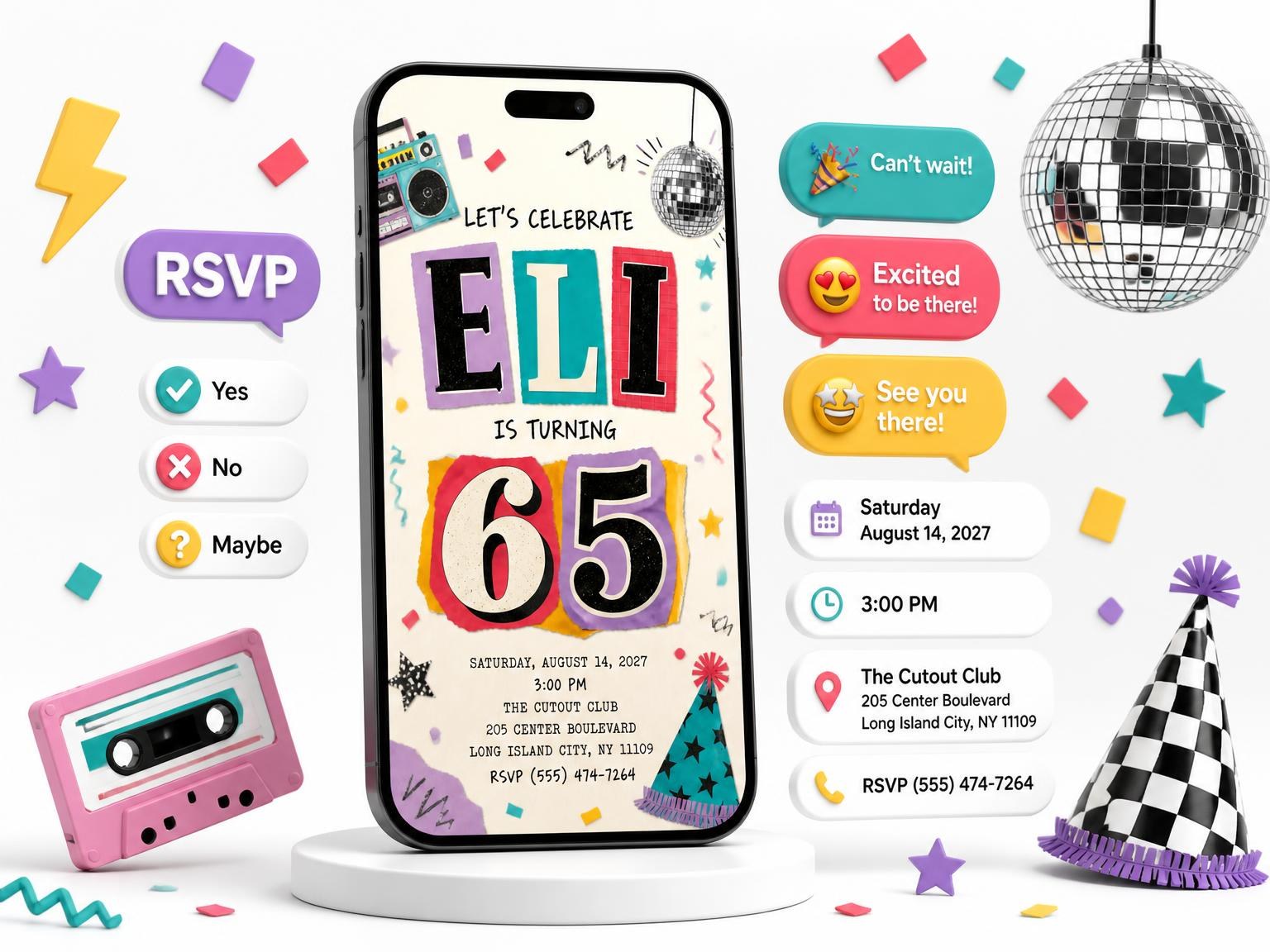 The Retro Paper Collage 65th Birthday Invitation invitation on a phone, with guest RSVPs arriving around it