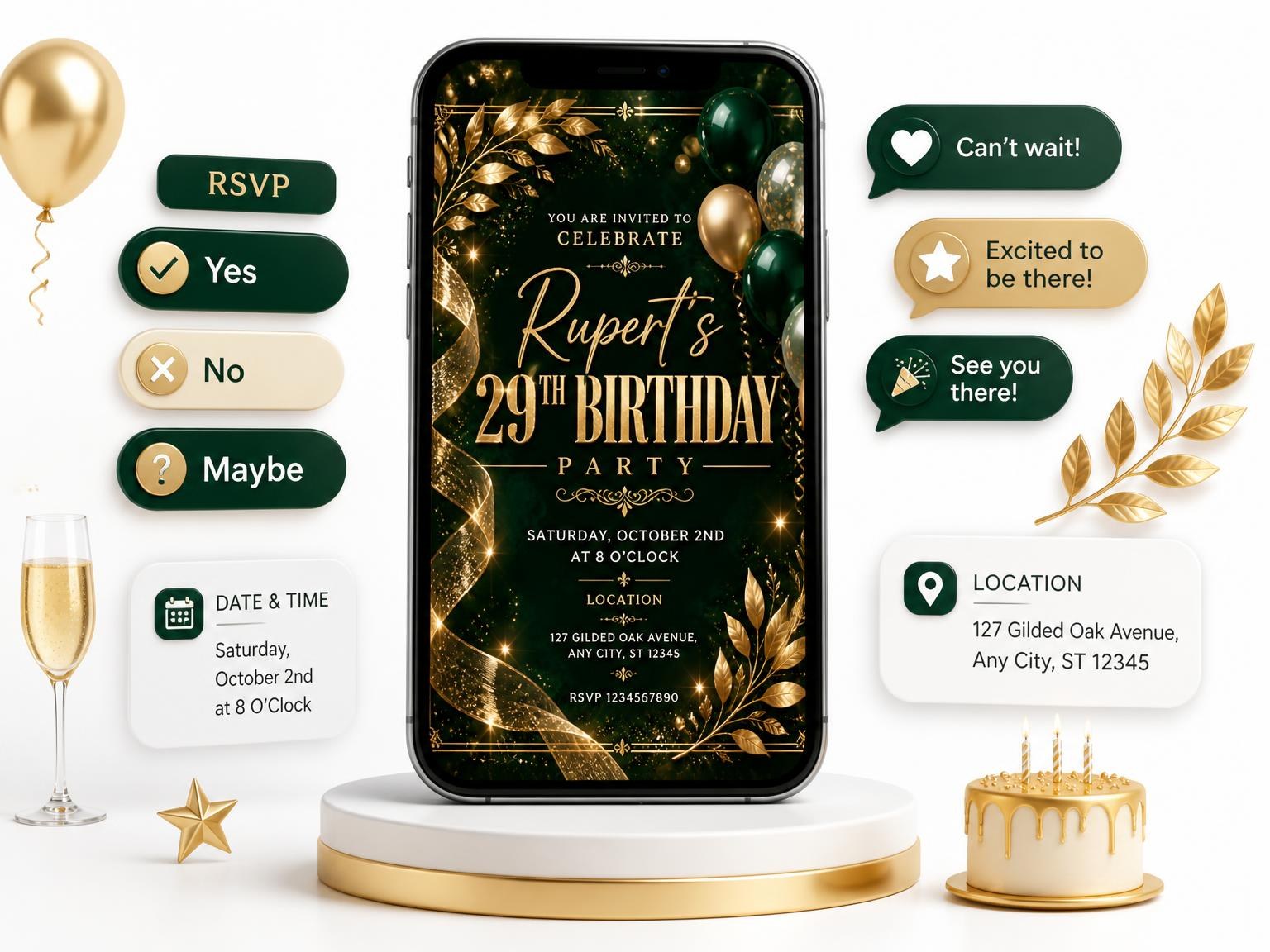 The Emerald and Champagne 29th Birthday Invitation invitation on a phone, with guest RSVPs arriving around it