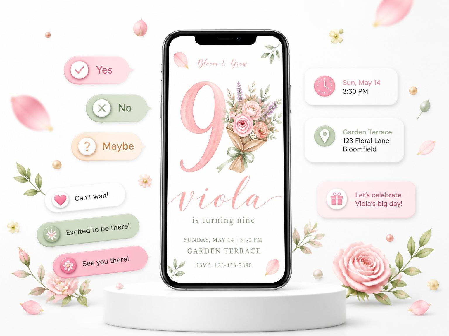 The Pink Watercolor Floral Ninth Birthday invitation on a phone, with guest RSVPs arriving around it