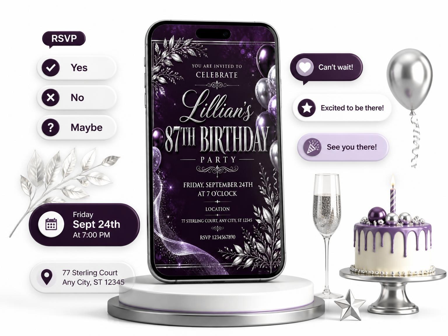The Plum and Silver 87th Birthday Invitation invitation on a phone, with guest RSVPs arriving around it