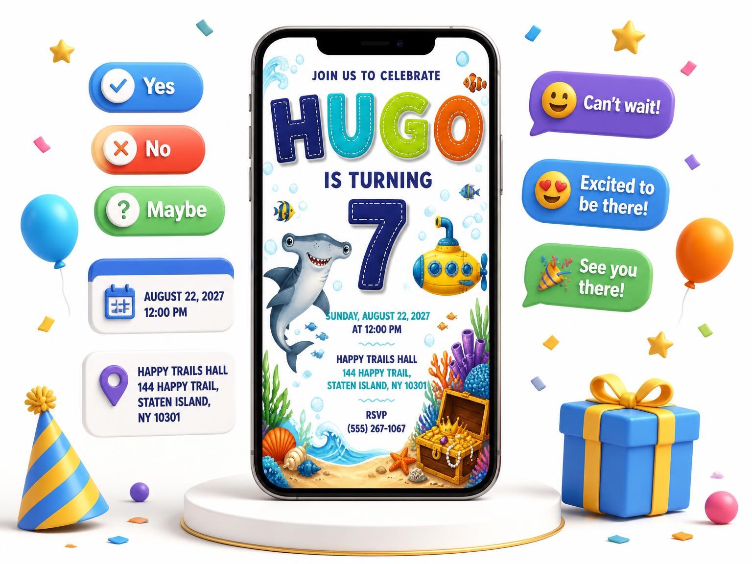 The Yellow Submarine 7th Birthday Invitation invitation on a phone, with guest RSVPs arriving around it