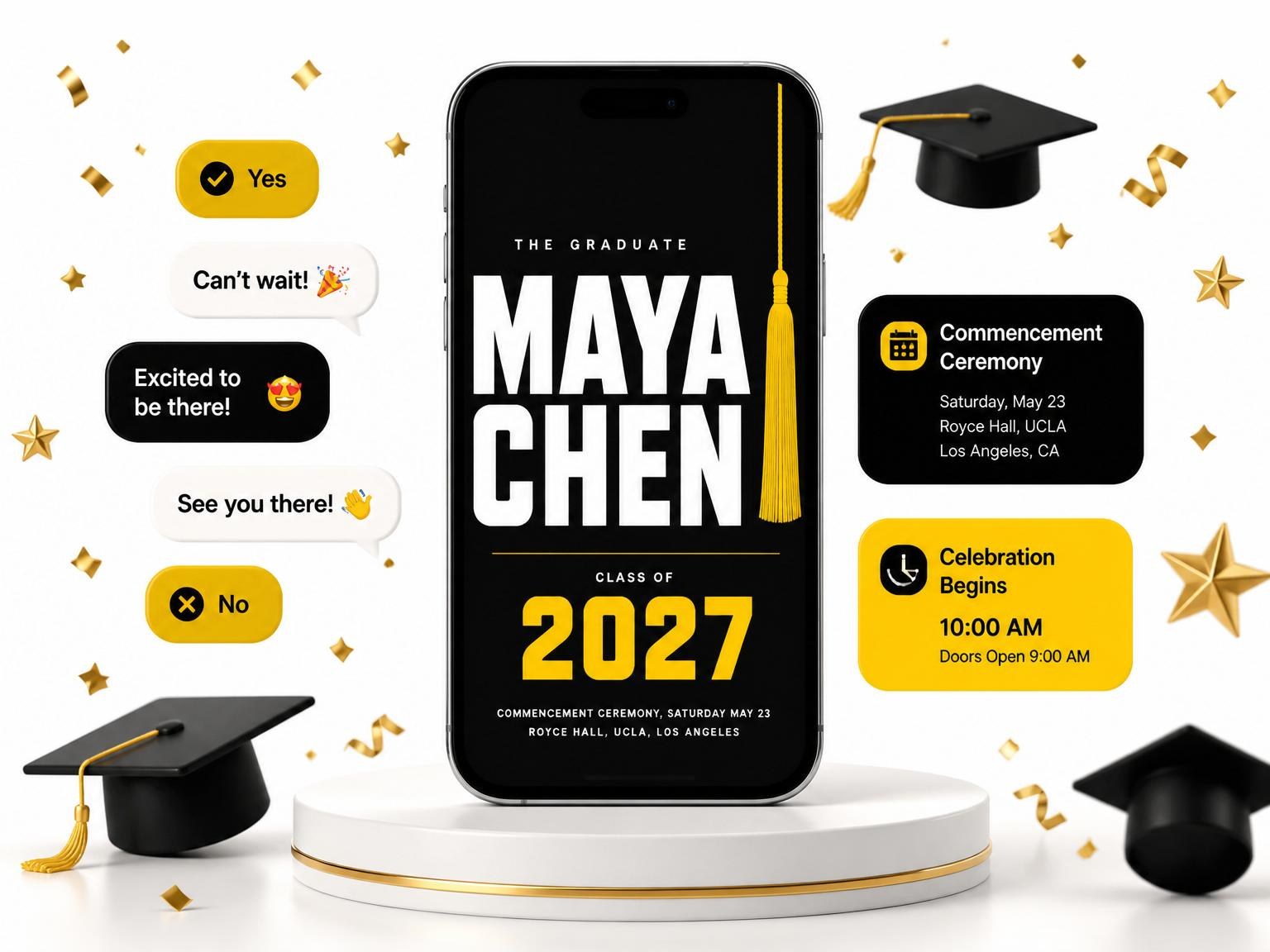 The Swiss Poster Signal Yellow Graduation invitation on a phone, with guest RSVPs arriving around it