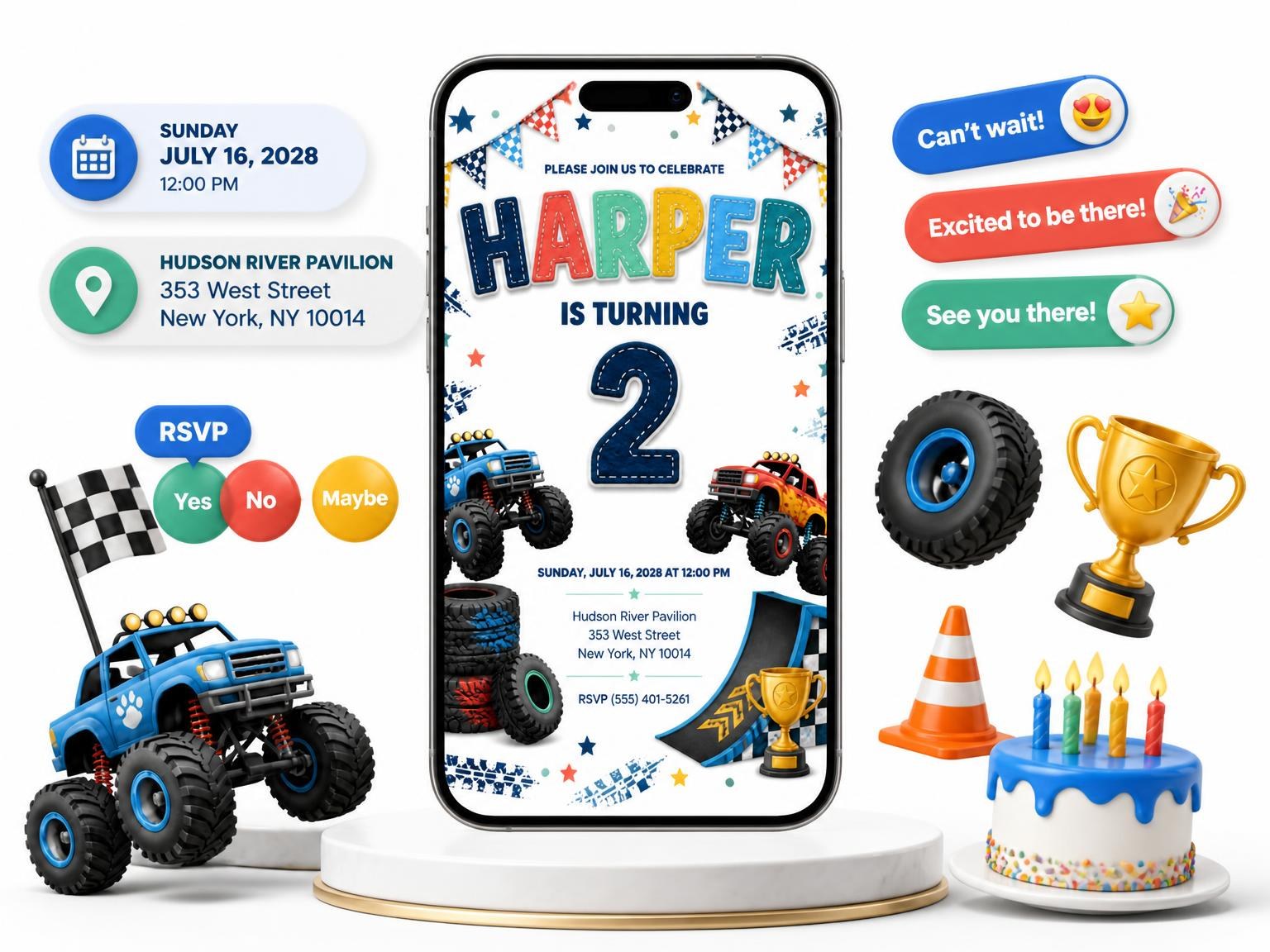 The Stitched Monster Truck 2nd Birthday Invitation invitation on a phone, with guest RSVPs arriving around it