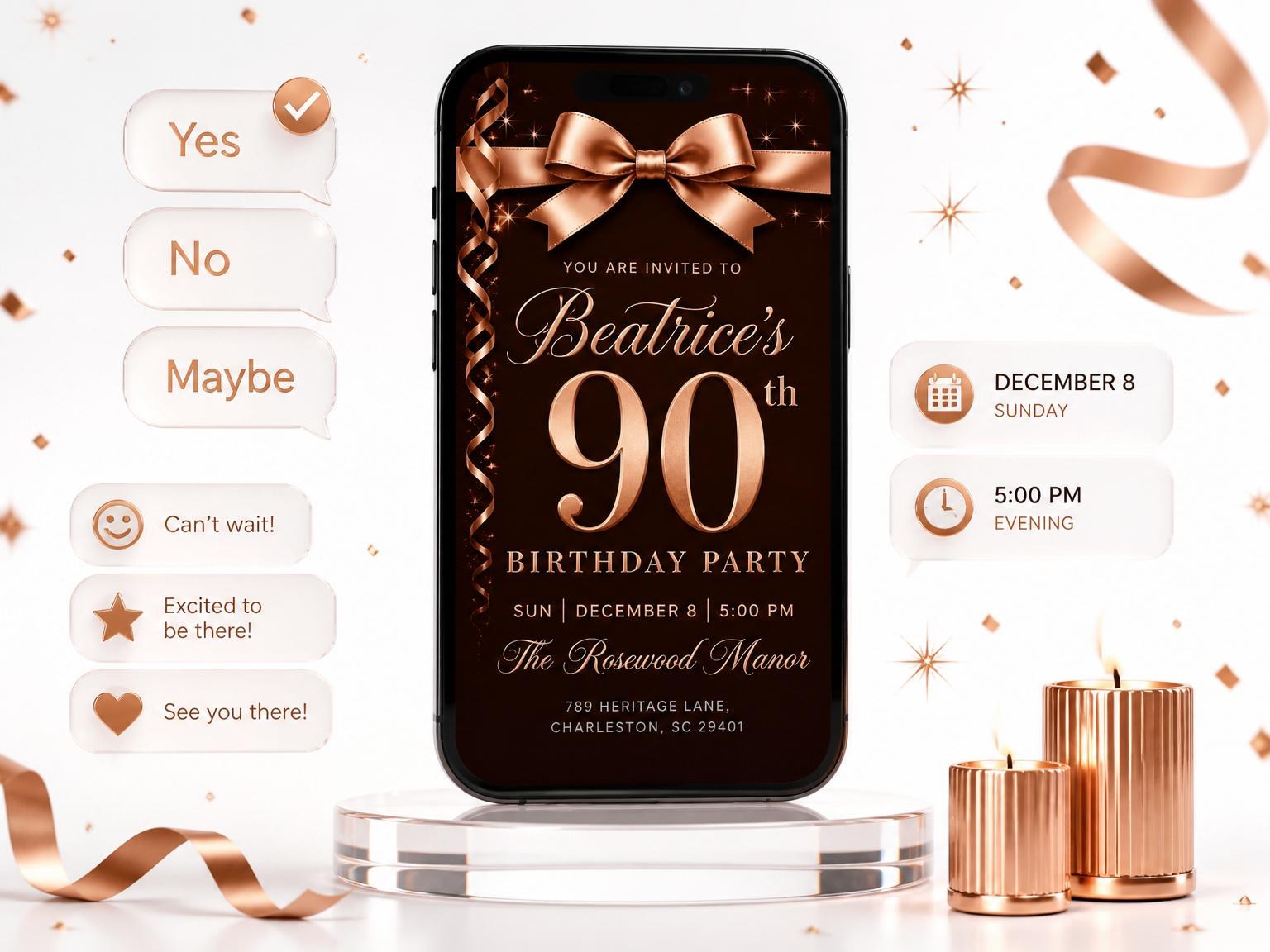 The Bronze Ribbon Metallic 90th Birthday invitation on a phone, with guest RSVPs arriving around it