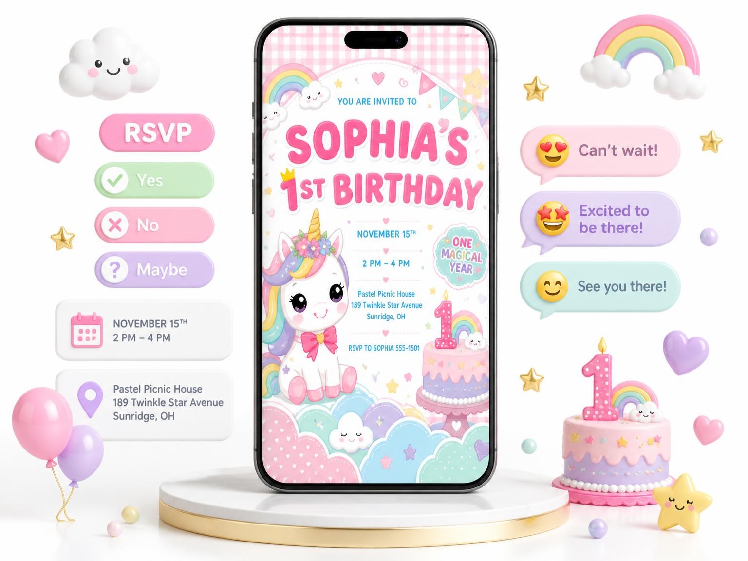 The Kawaii Rainbow Unicorn 1st Birthday Invitation invitation on a phone, with guest RSVPs arriving around it