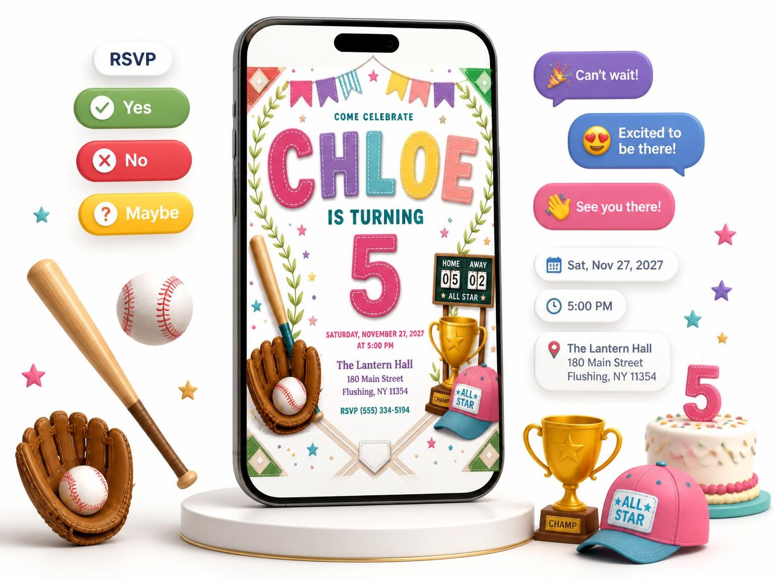 The Stitched Baseball 5th Birthday Invitation invitation on a phone, with guest RSVPs arriving around it