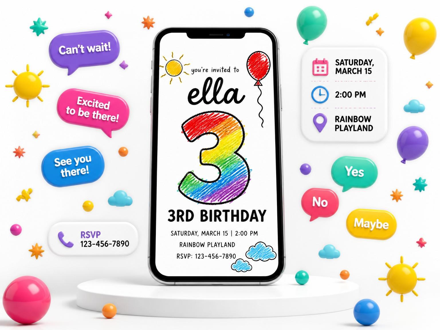 The Crayon Rainbow Number 3rd Birthday Invite invitation on a phone, with guest RSVPs arriving around it
