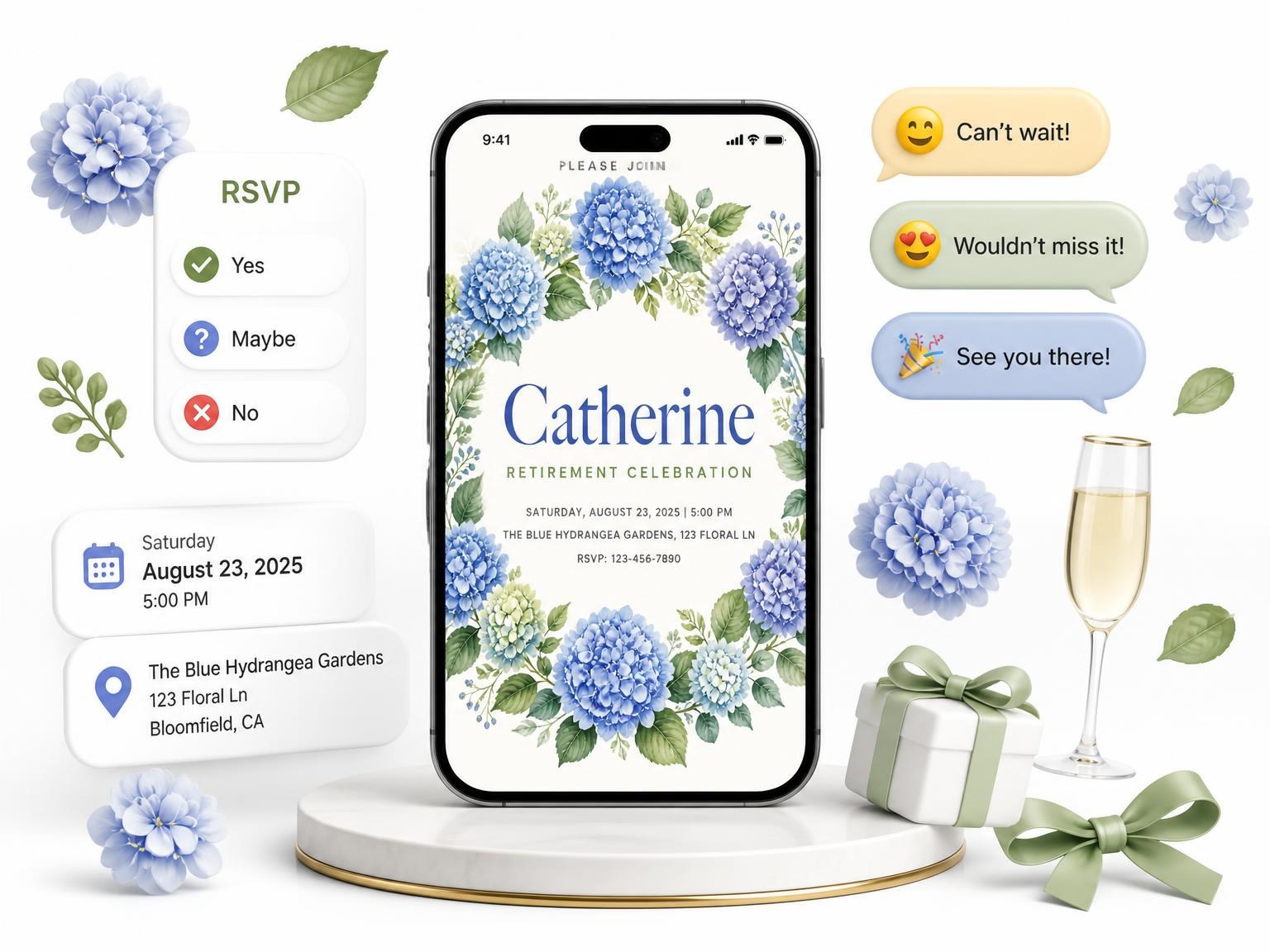 The Foliage Retirement Celebration Invitation invitation on a phone, with guest RSVPs arriving around it