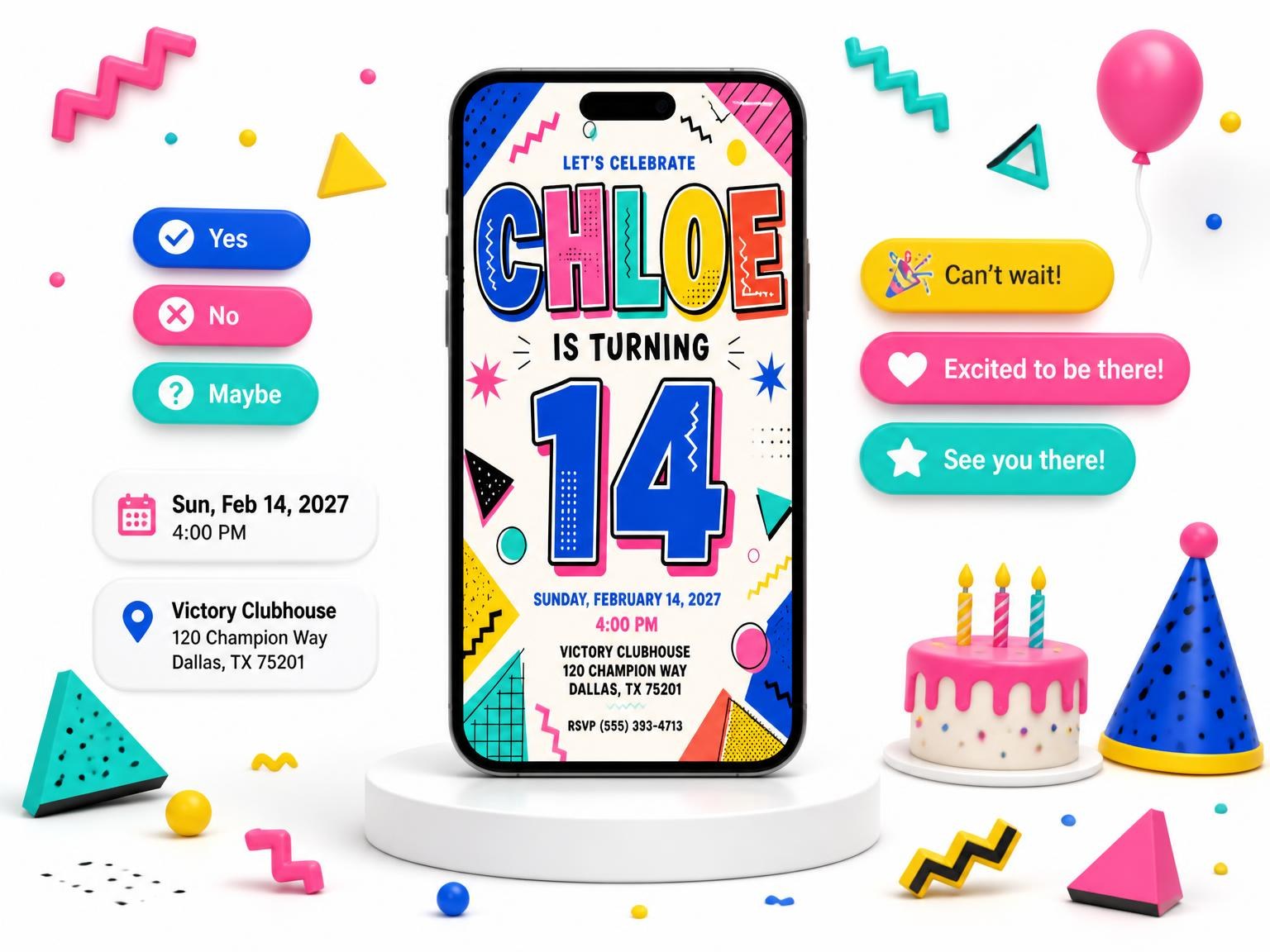 The Memphis Pop 14th Birthday Invitation invitation on a phone, with guest RSVPs arriving around it