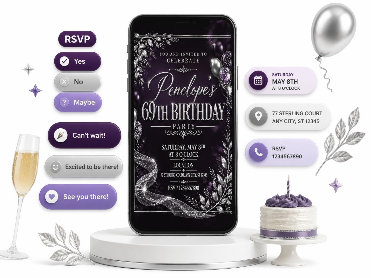 The Plum and Silver 69th Birthday Invitation invitation on a phone, with guest RSVPs arriving around it