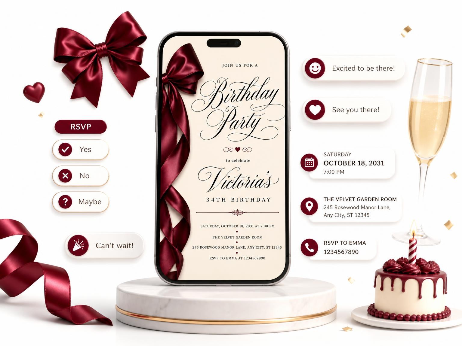 The Burgundy Satin Bow 34th Birthday Invitation invitation on a phone, with guest RSVPs arriving around it