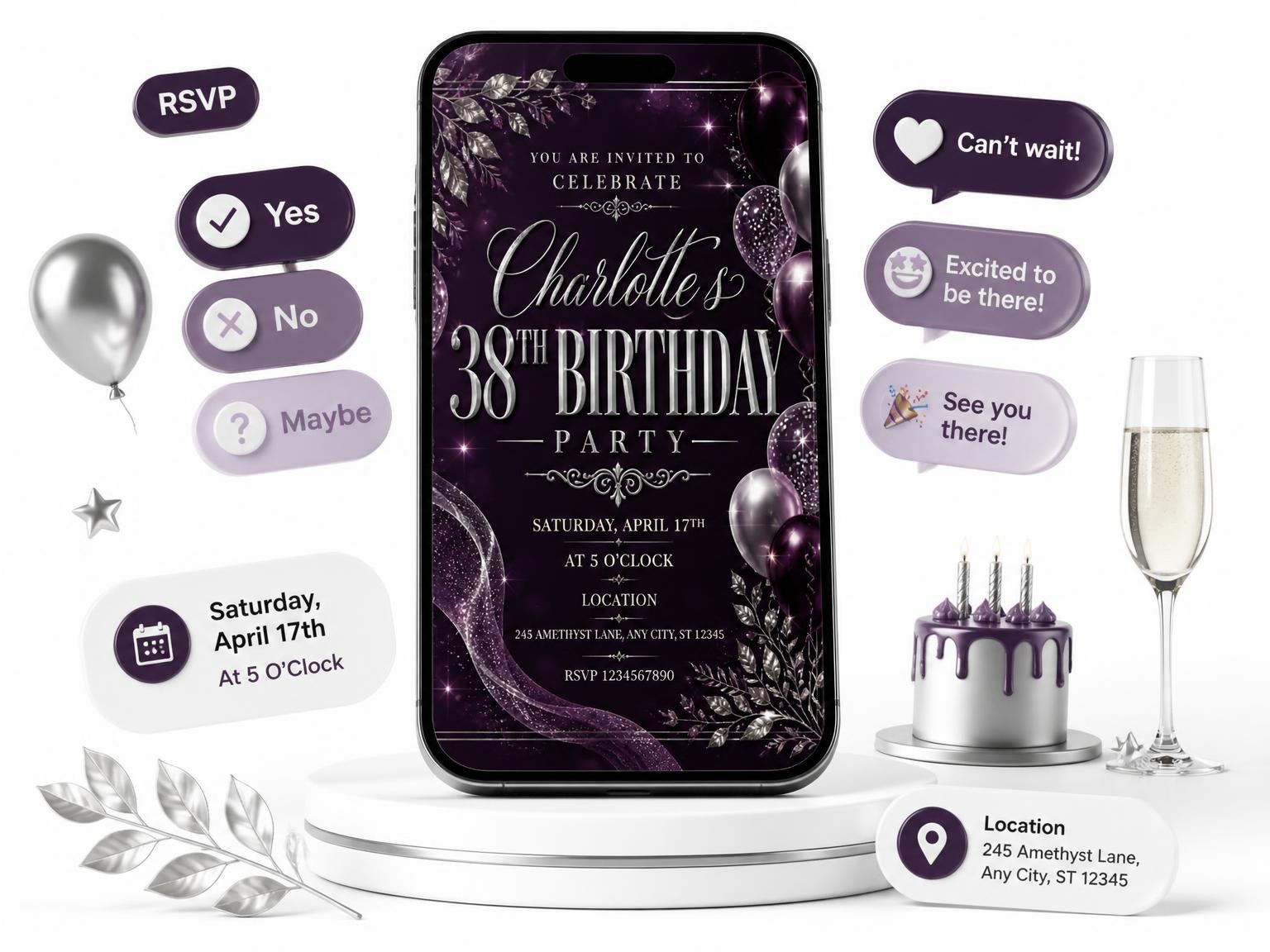 The Plum and Silver 38th Birthday Invitation invitation on a phone, with guest RSVPs arriving around it