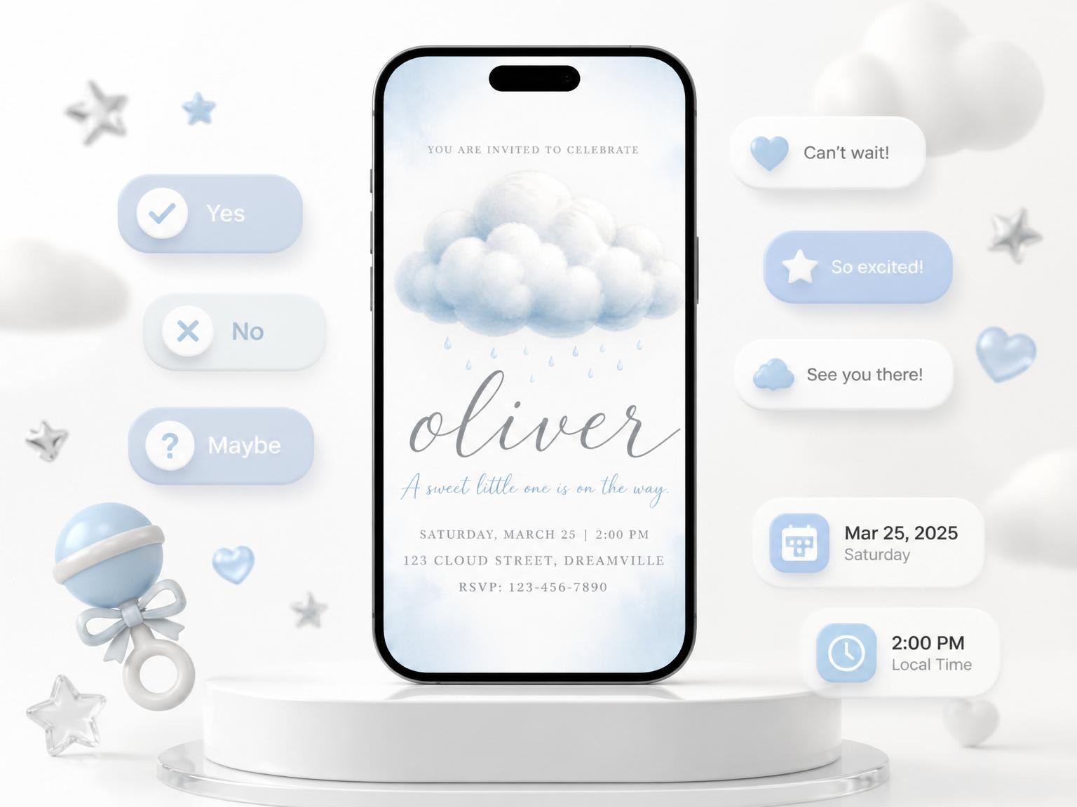 The Blue Watercolor Raincloud Baby Shower invitation on a phone, with guest RSVPs arriving around it