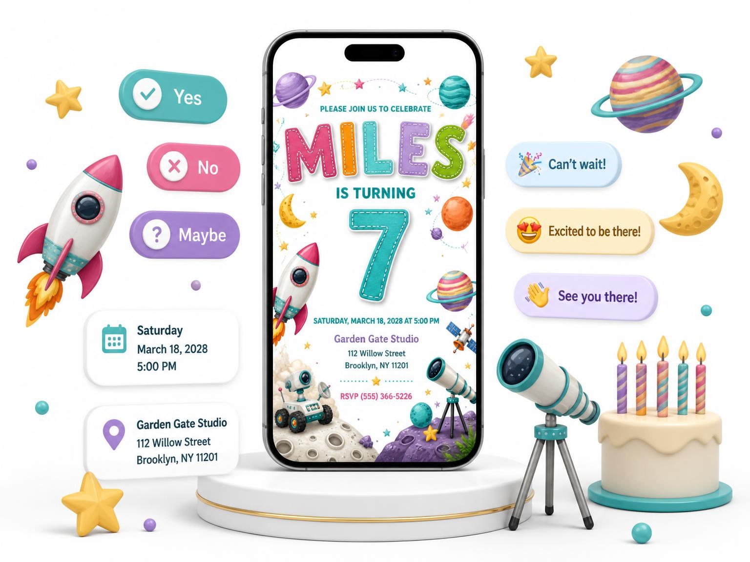 The Stitched Space 7th Birthday Invitation invitation on a phone, with guest RSVPs arriving around it