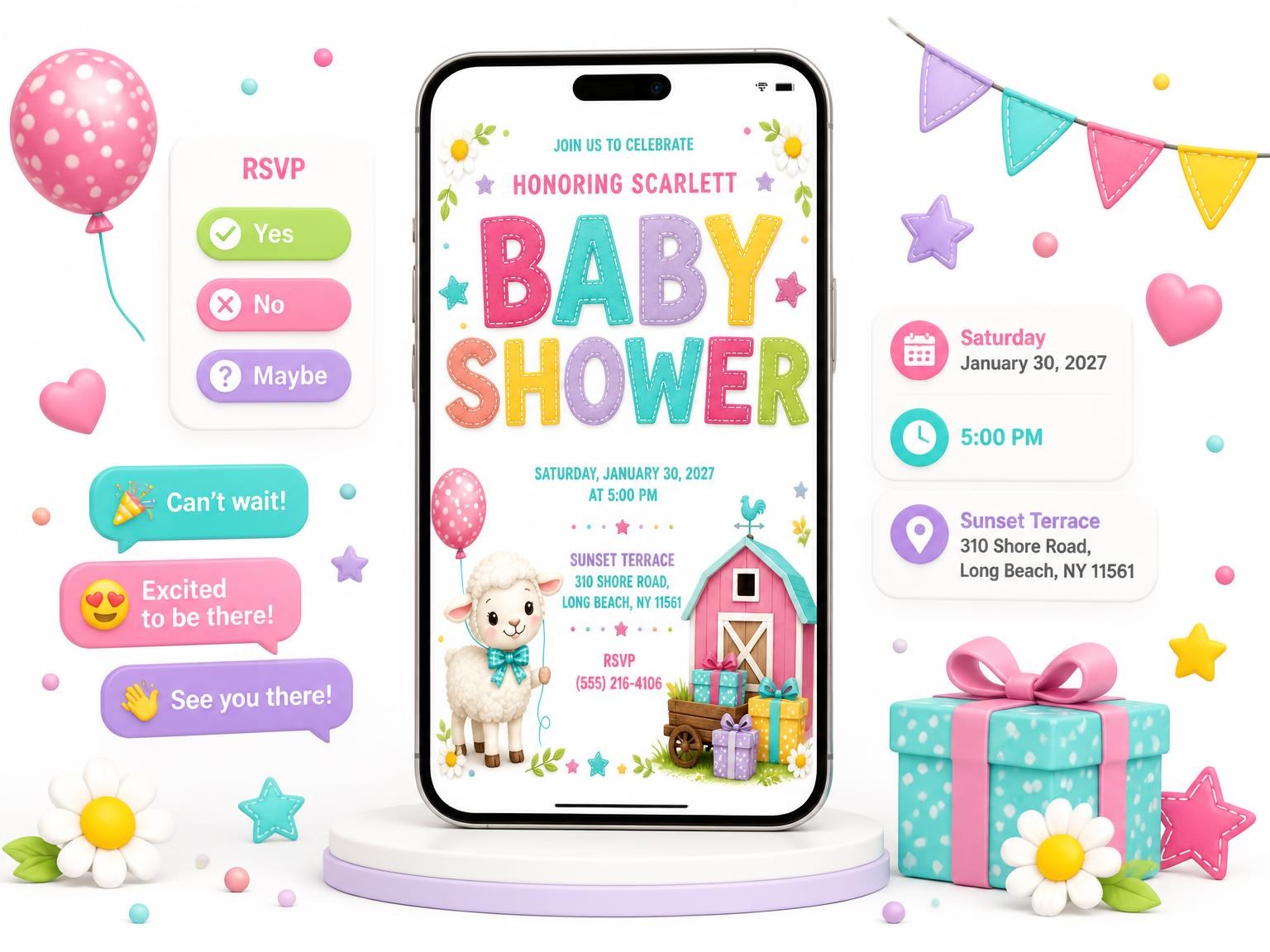 The Lamb Baby Shower Invitation invitation on a phone, with guest RSVPs arriving around it
