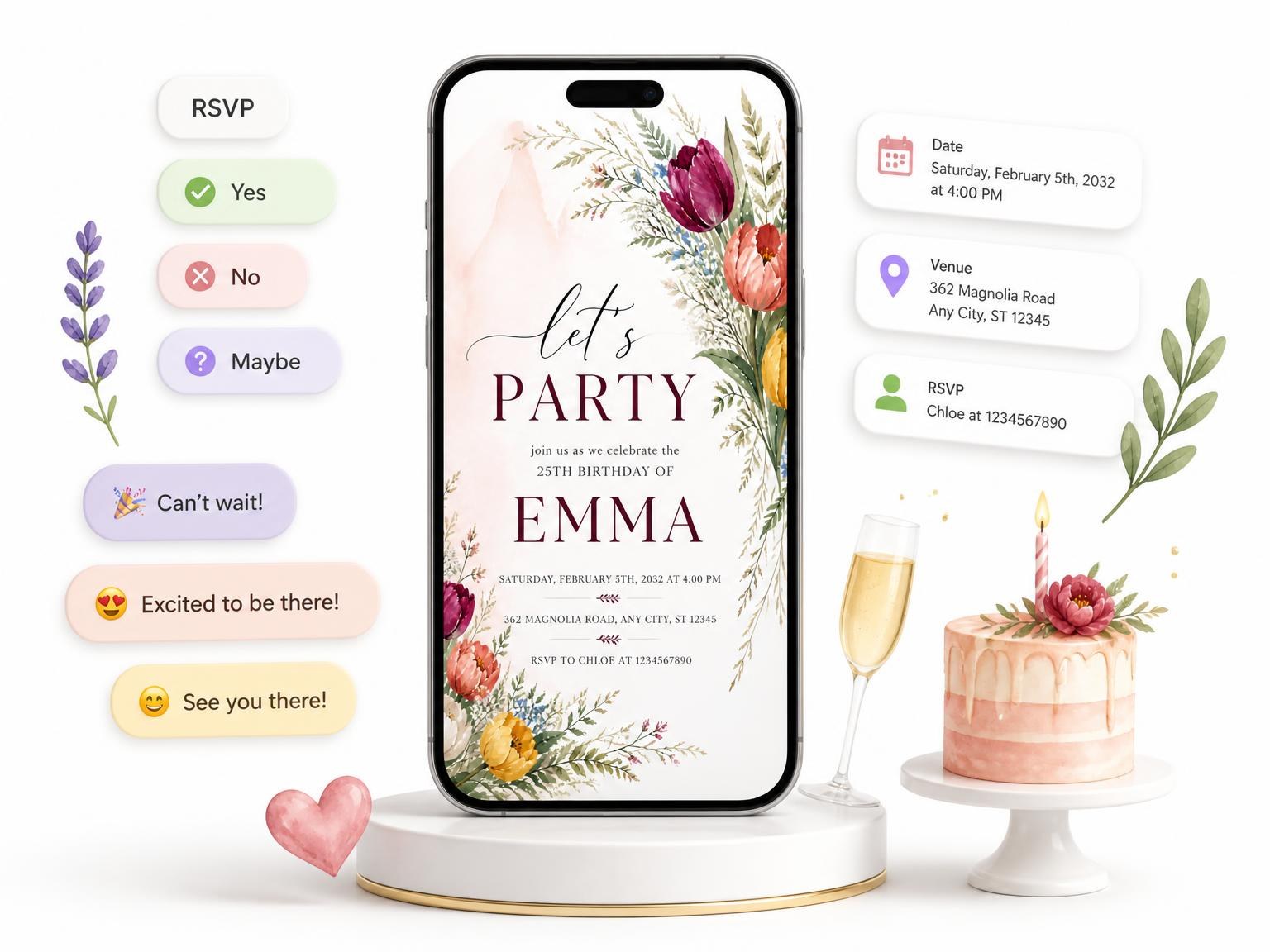 The Floral Golden 25th Birthday Invitation invitation on a phone, with guest RSVPs arriving around it