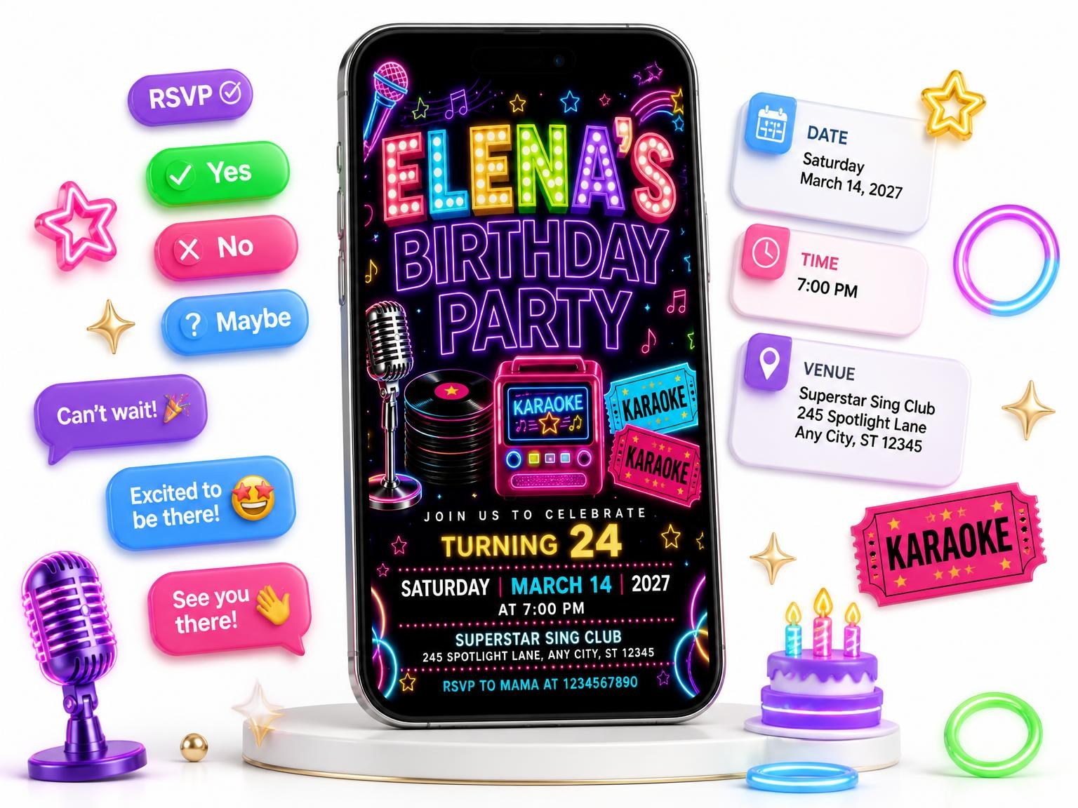 The Neon Karaoke 24th Birthday Invitation invitation on a phone, with guest RSVPs arriving around it