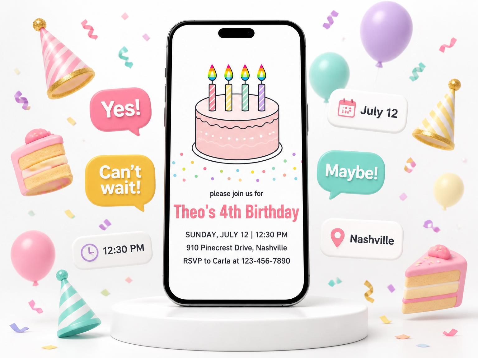 The Pink Cake Rainbow Candle 4th Birthday invitation on a phone, with guest RSVPs arriving around it